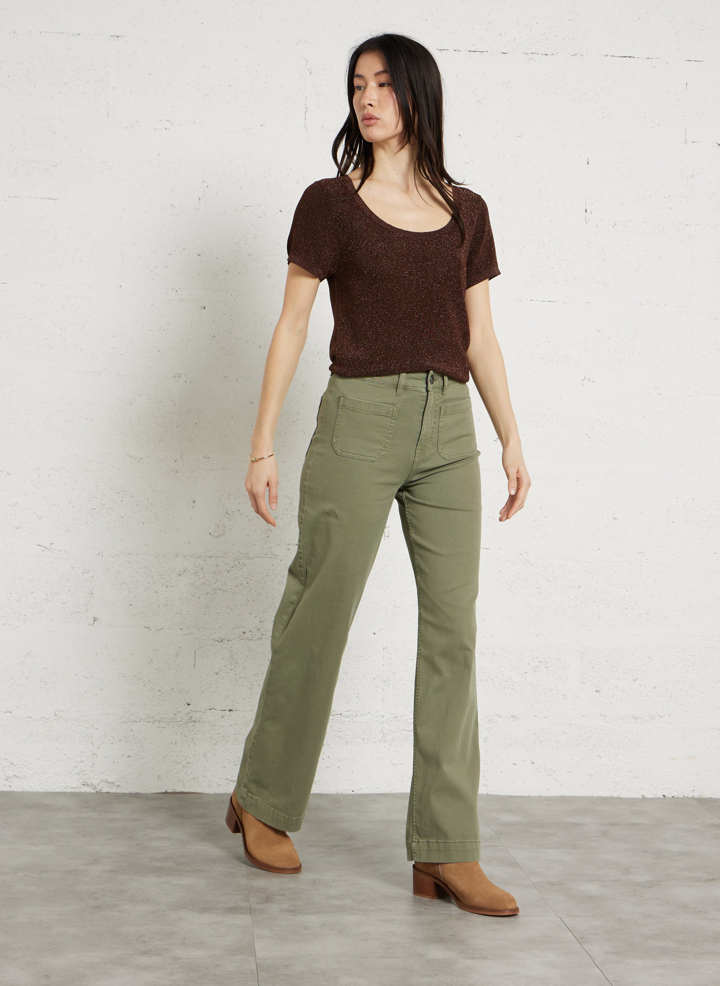 Pull fin droit col rond en maille métallisée LA PETITE ETOILE Marron