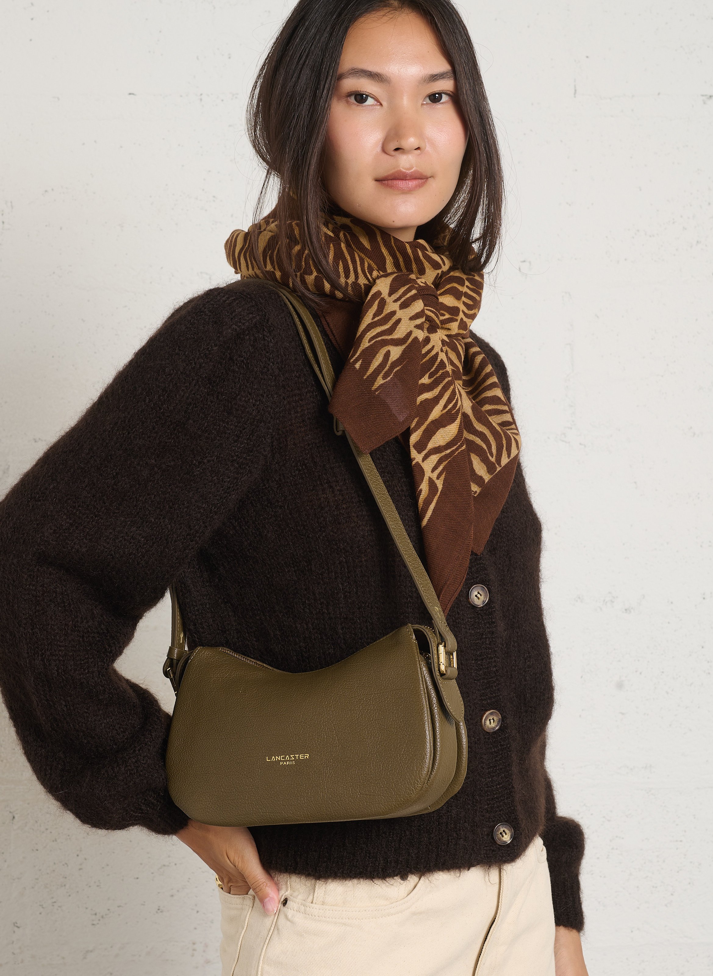 Leather shoulder bag LANCASTER PARIS Khaki
