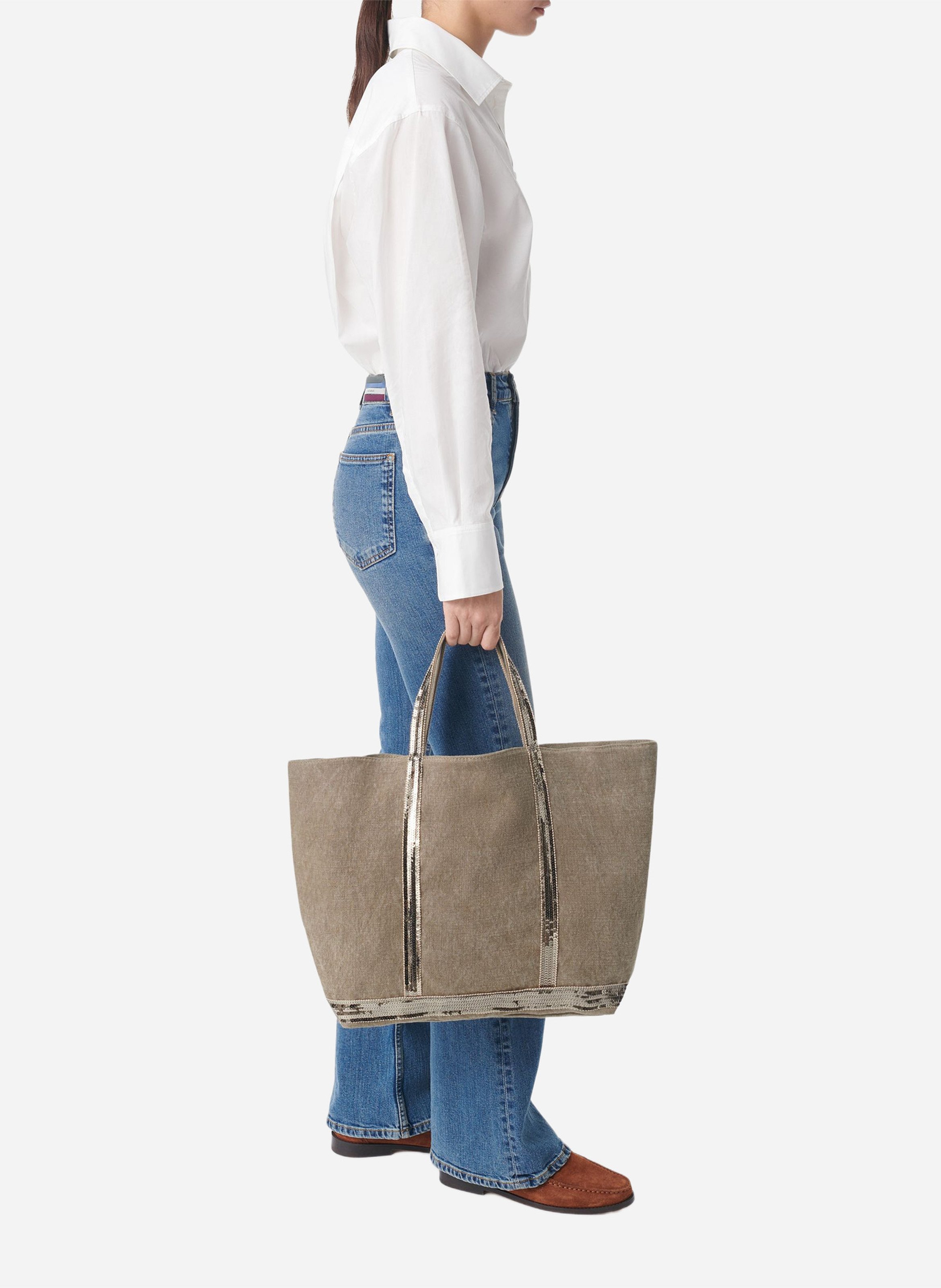 Large sequin-embroidered linen tote bag VANESSA BRUNO Khaki