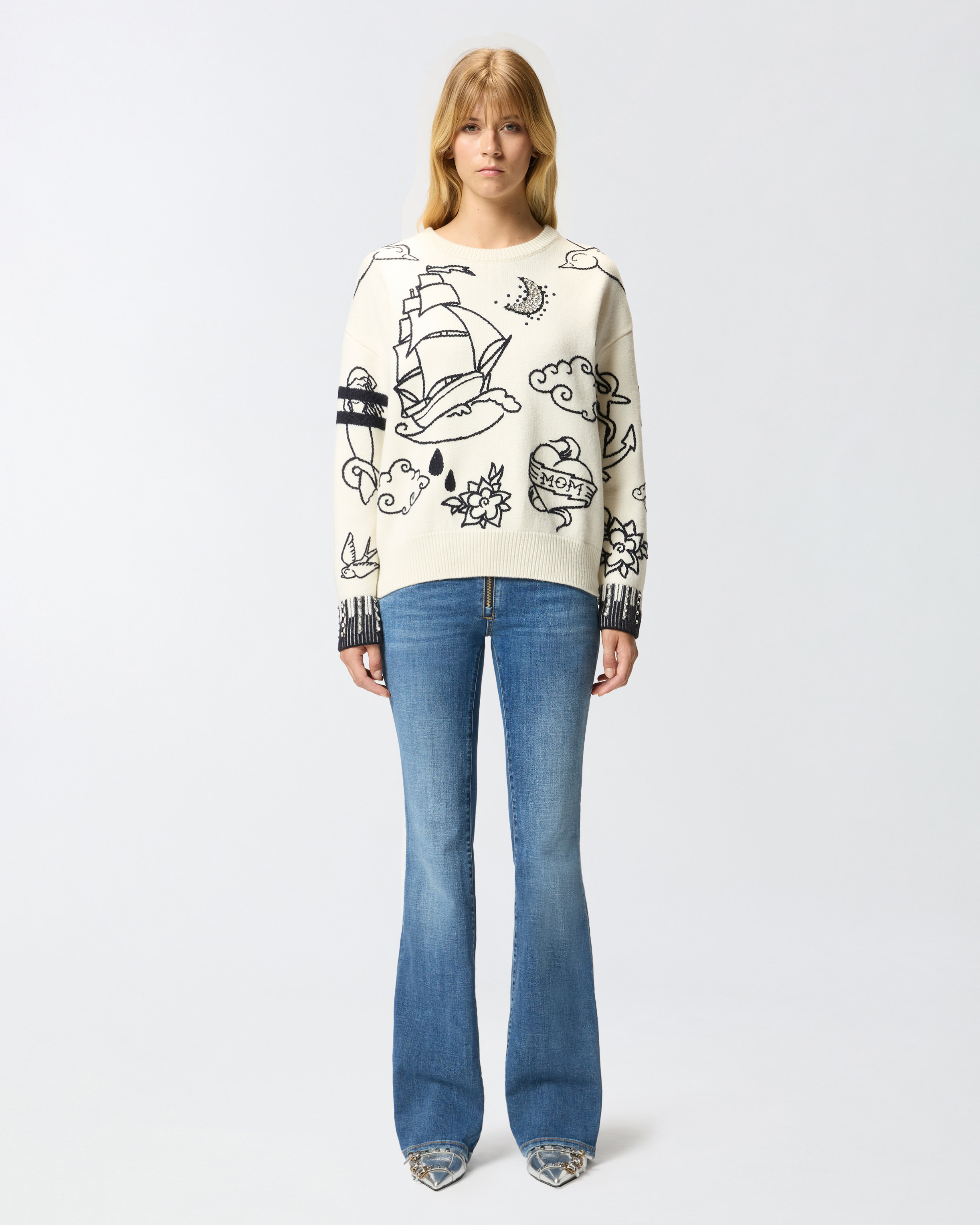 Crewneck sweater with patterns PINKO White
