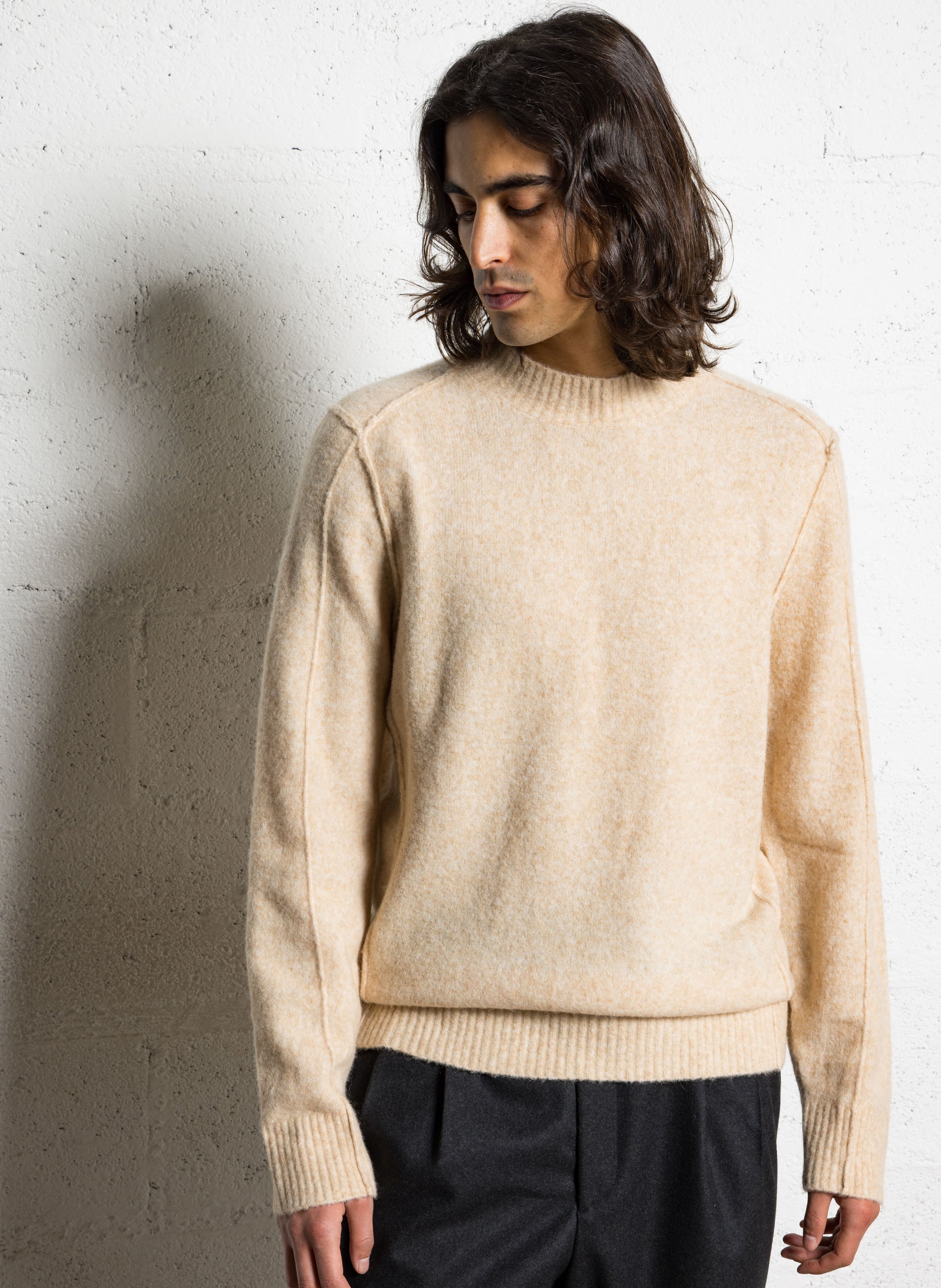 Round-neck mixed-knit straight sweater MINIMUM Beige