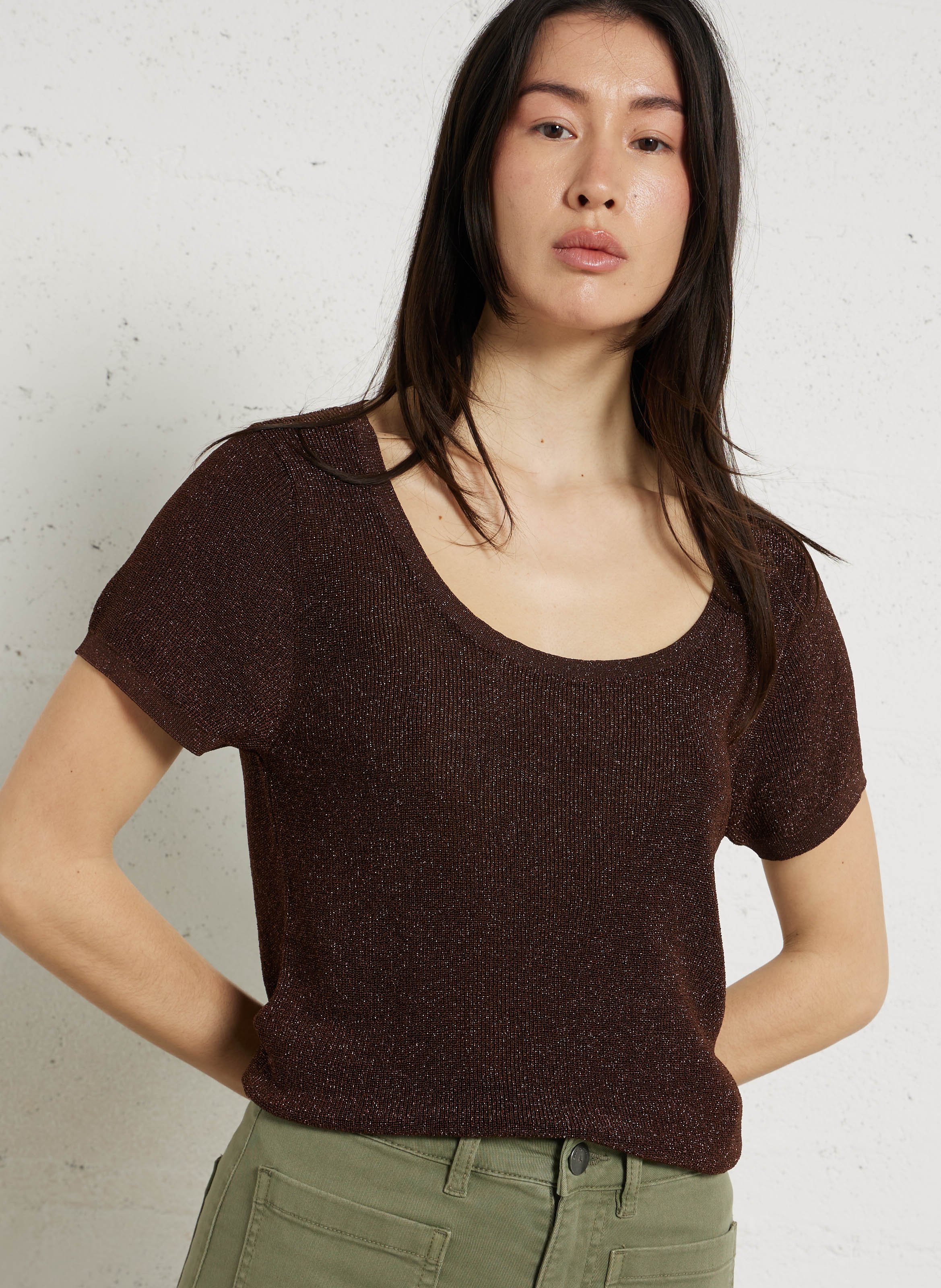 Pull fin droit col rond en maille métallisée LA PETITE ETOILE Marron