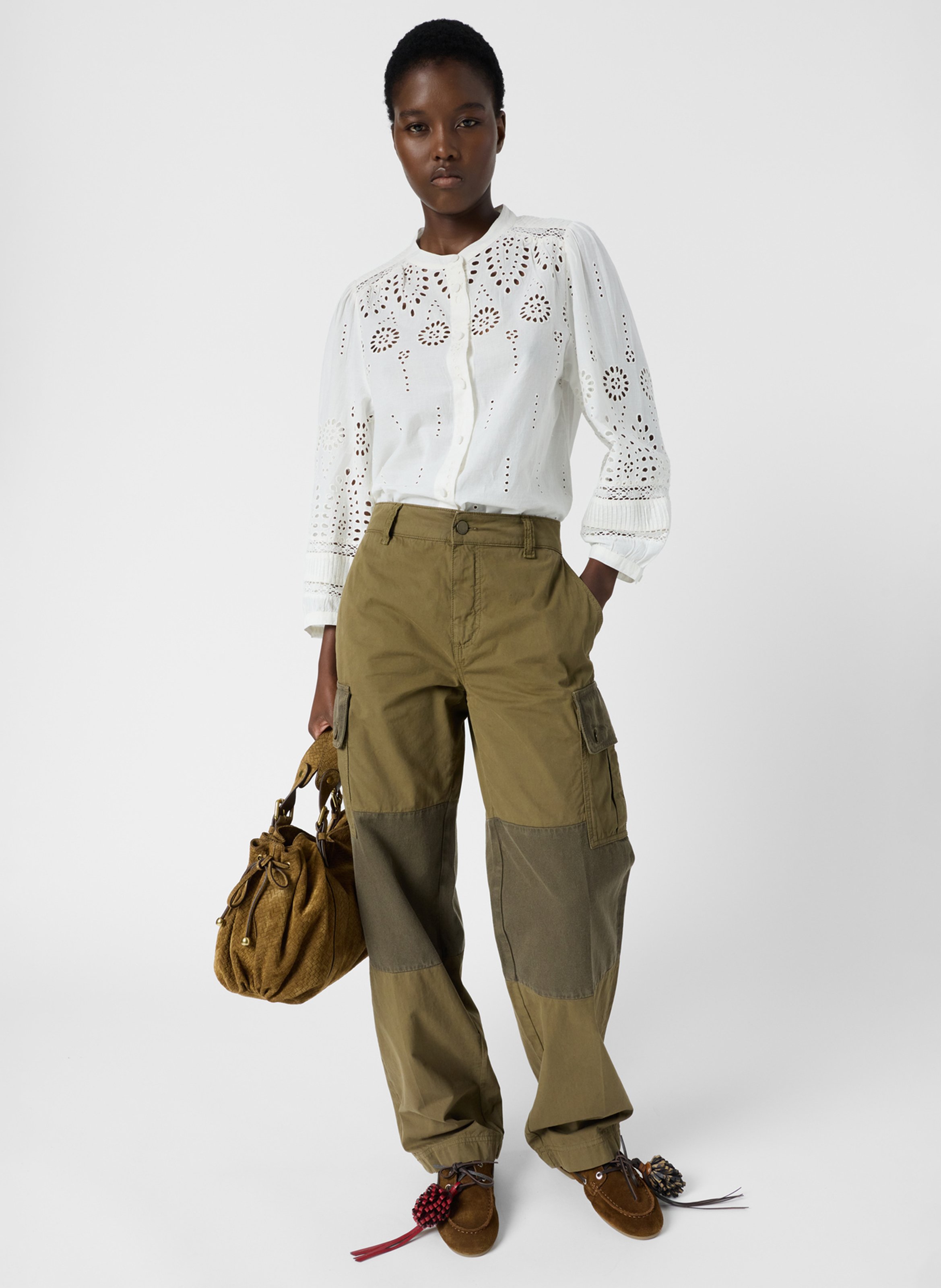 Gerade geschnittene Bluse mit Rundhalsausschnitt aus bestickter Baumwolle GERARD DAREL Beige