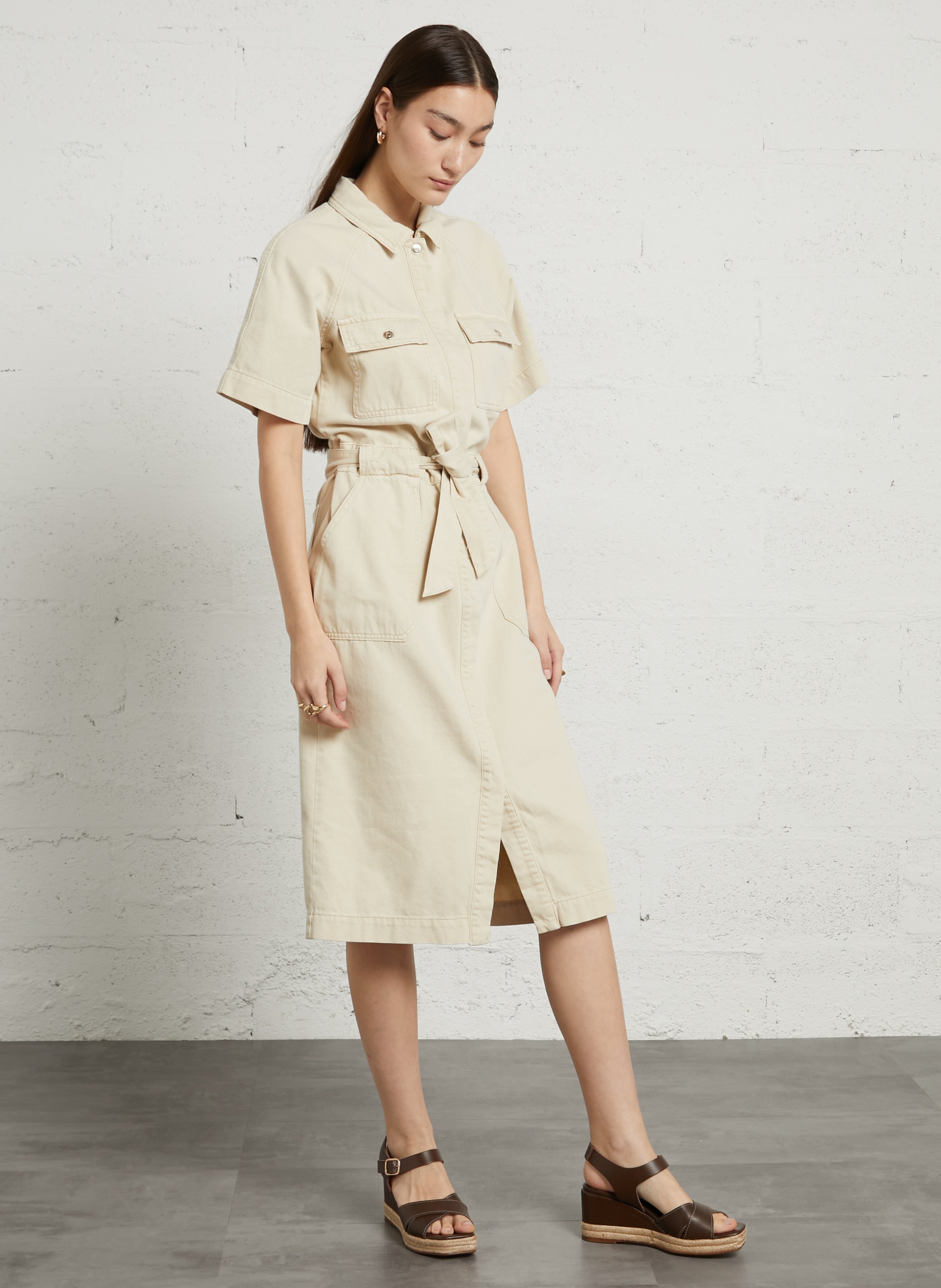 Midi jurk in denim met klassieke kraag. MAISON 123 Wit