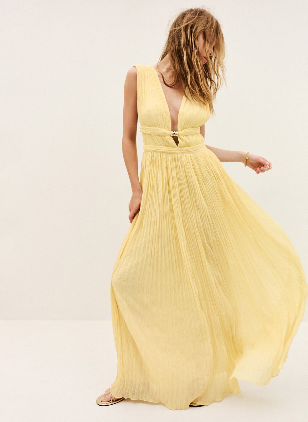 Sleeveless solid color pleated maxi dress BA&SH Beige