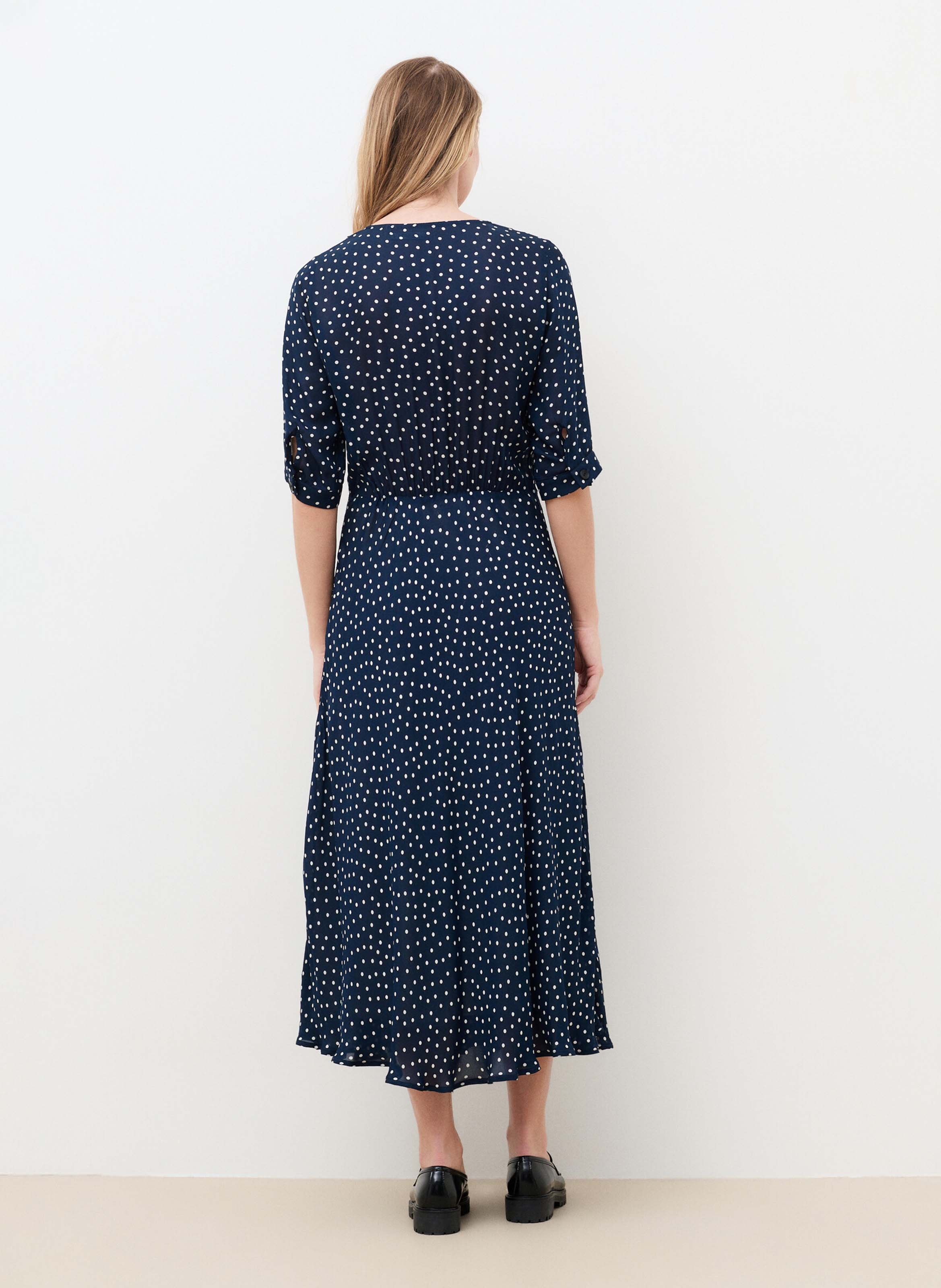 Langes Maxikleid mit V-Ausschnitt und Punkten CAROLL Blau