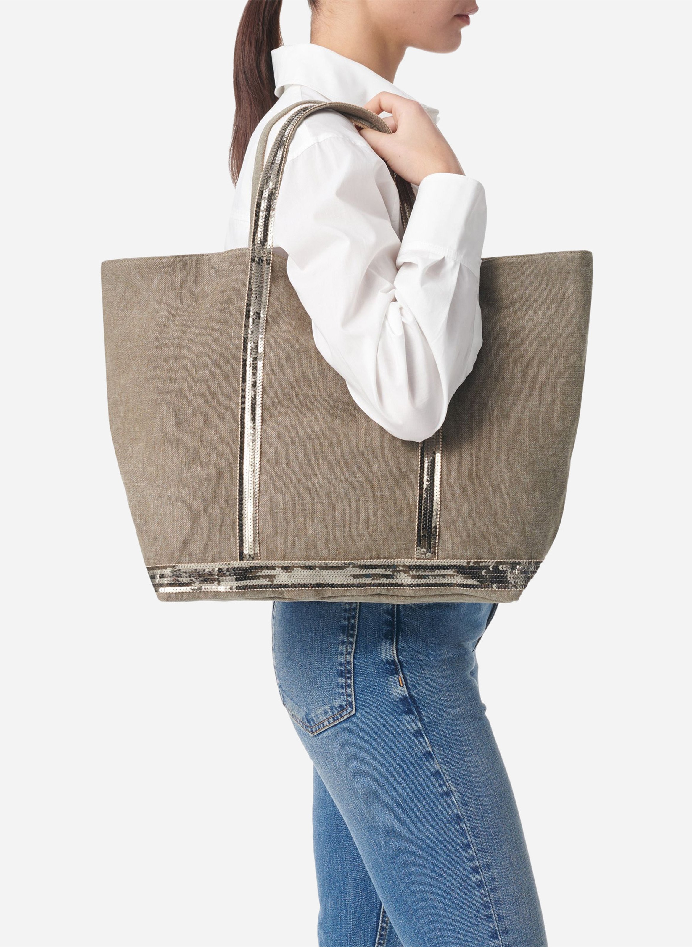 Large sequin-embroidered linen tote bag VANESSA BRUNO Khaki