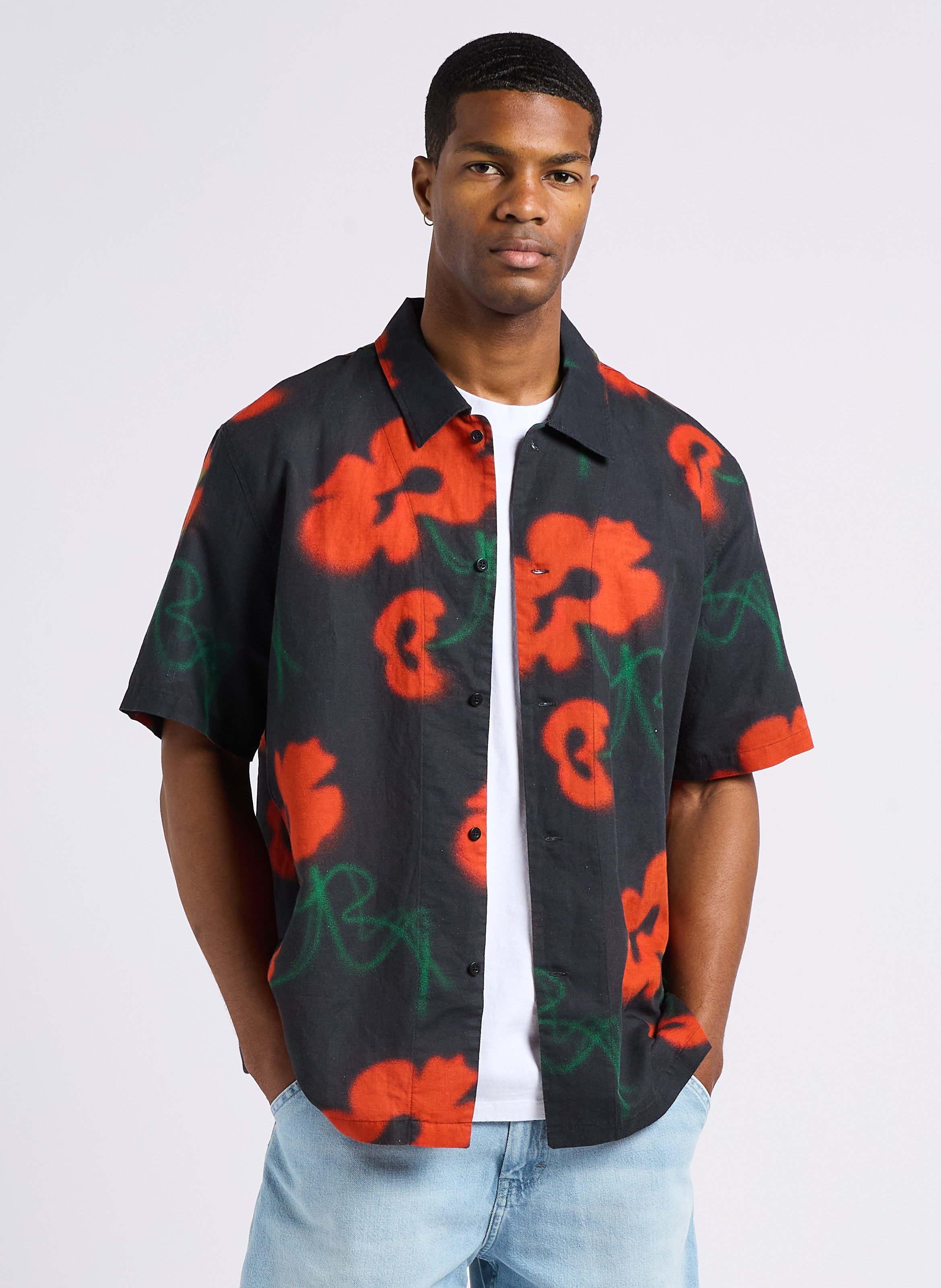 Chemise col classique imprimé floral en lin et en coton mélangés EDWIN Multicolore