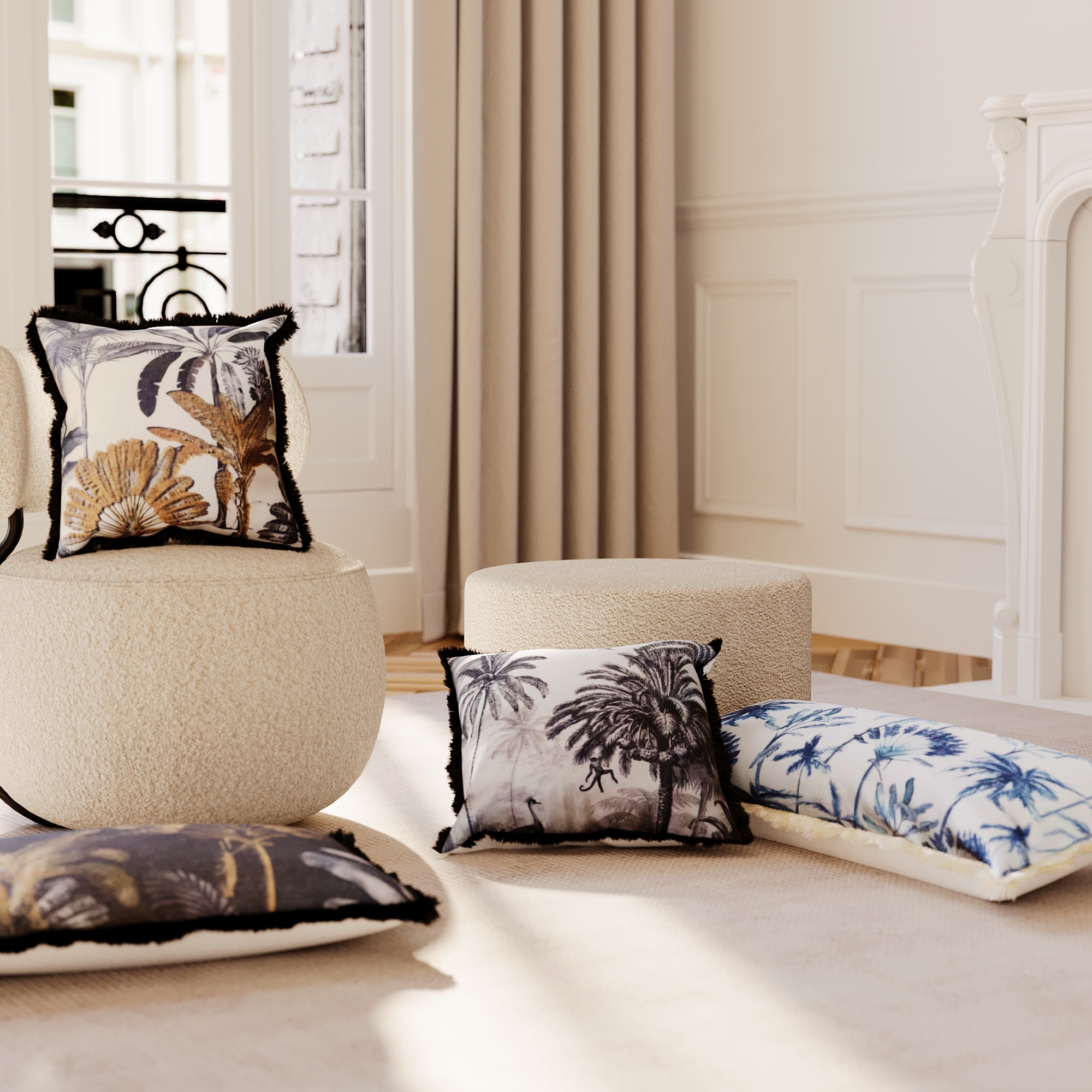 Square blue tropical foliage cushion POTIRON PARIS Multicolored