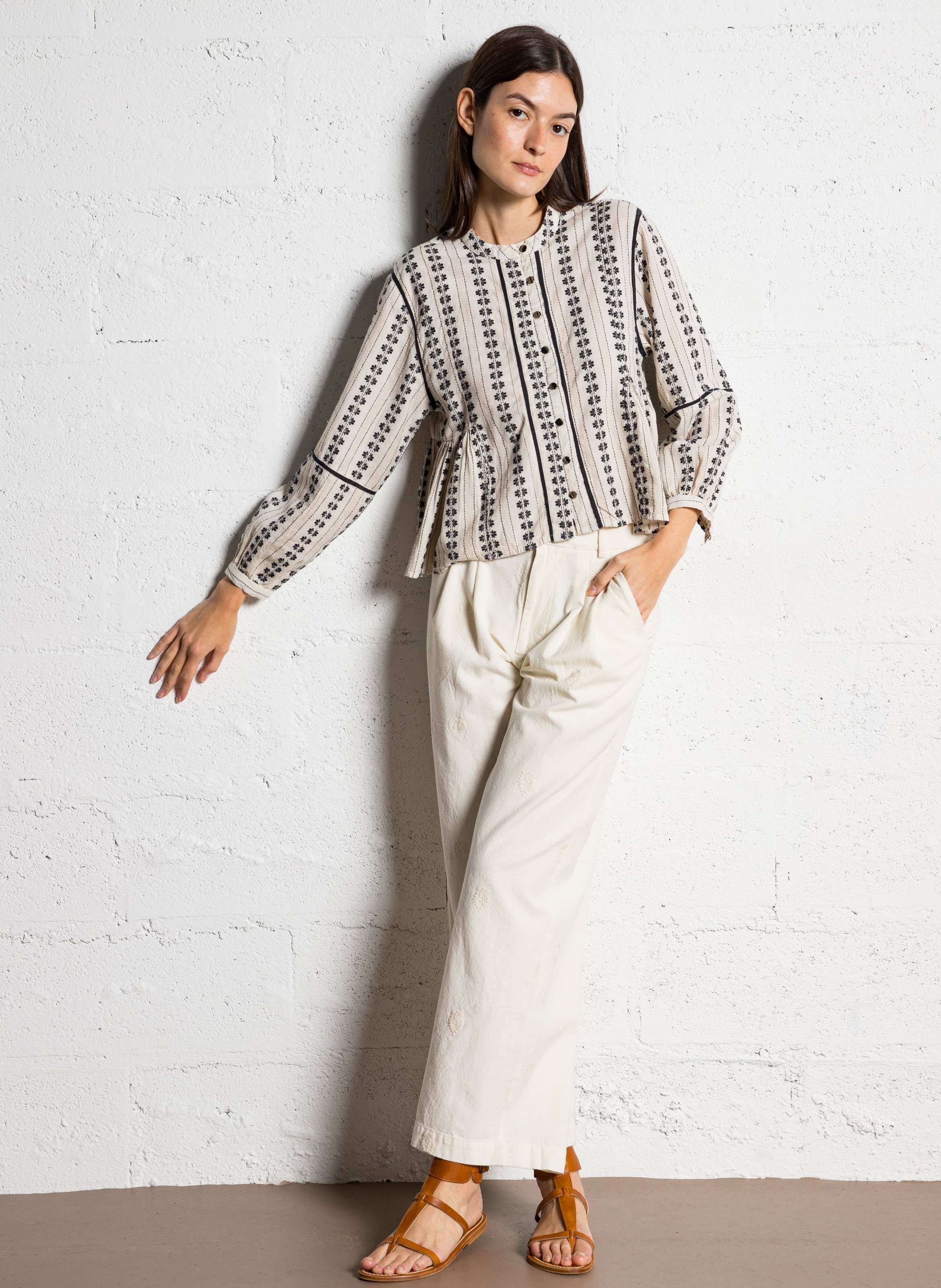 Wide-leg embroidered cotton pants MAISON HOTEL White