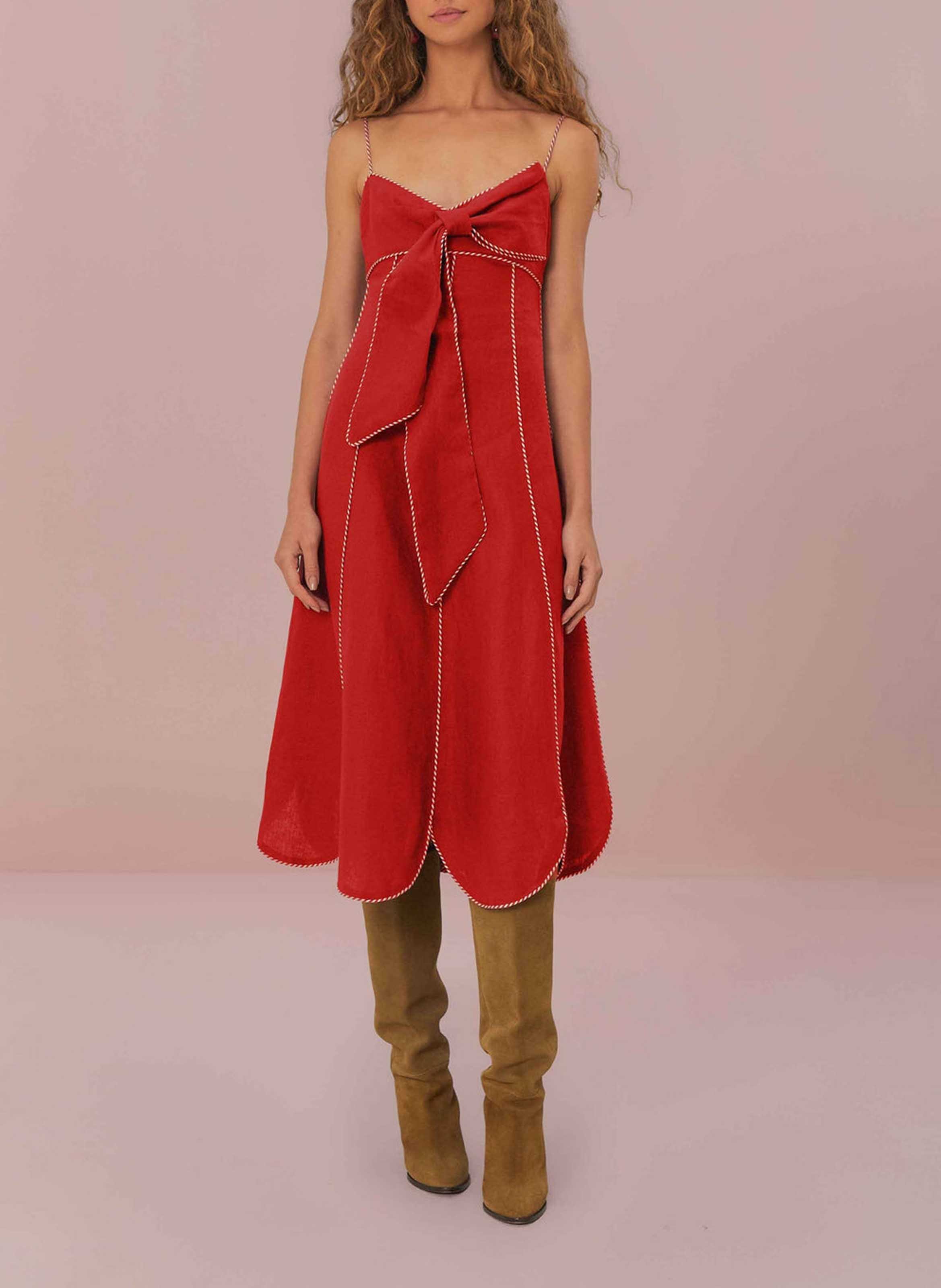 Robe midi col carré en lin FARM RIO Rouge