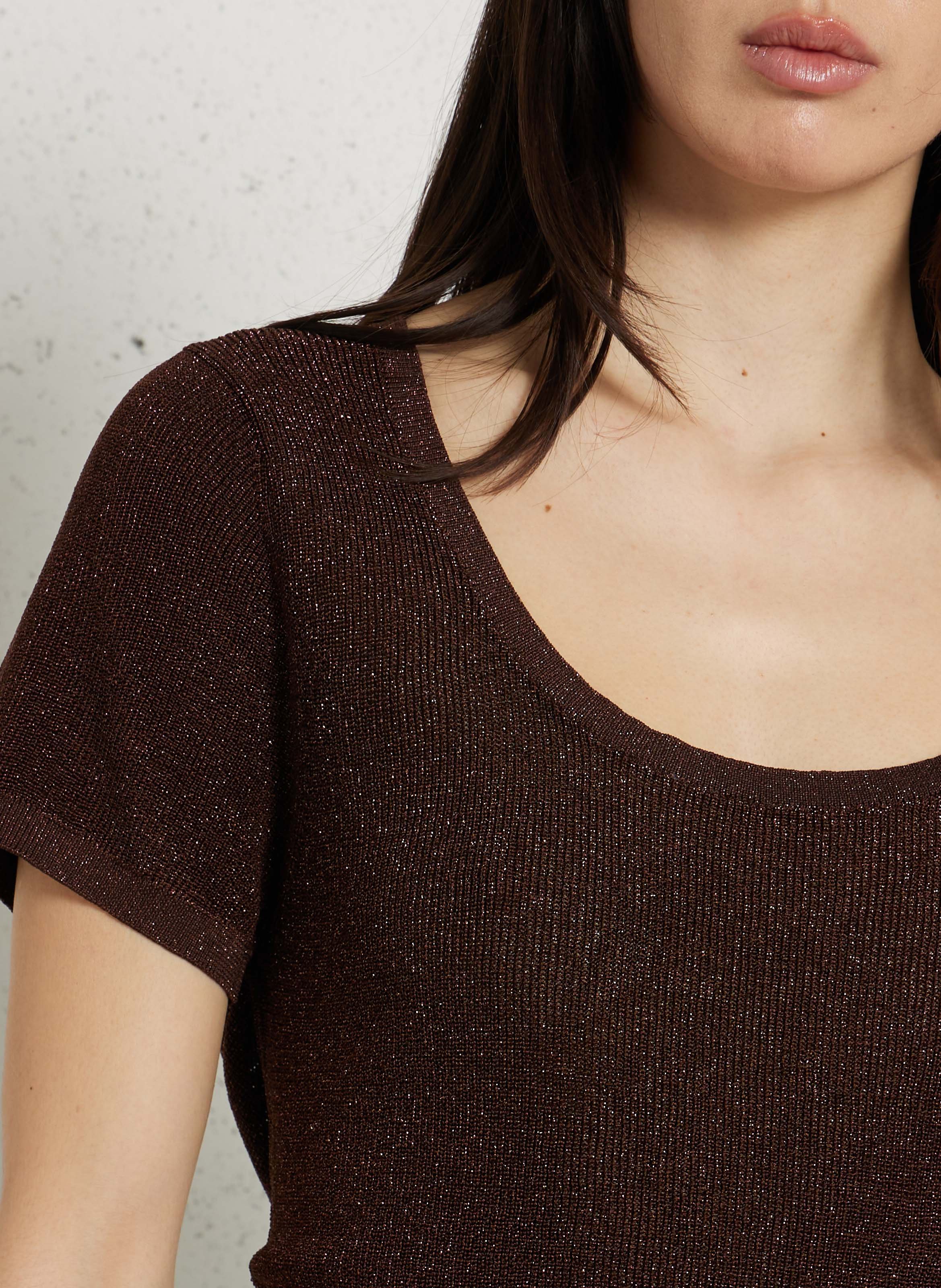 Pull fin droit col rond en maille métallisée LA PETITE ETOILE Marron