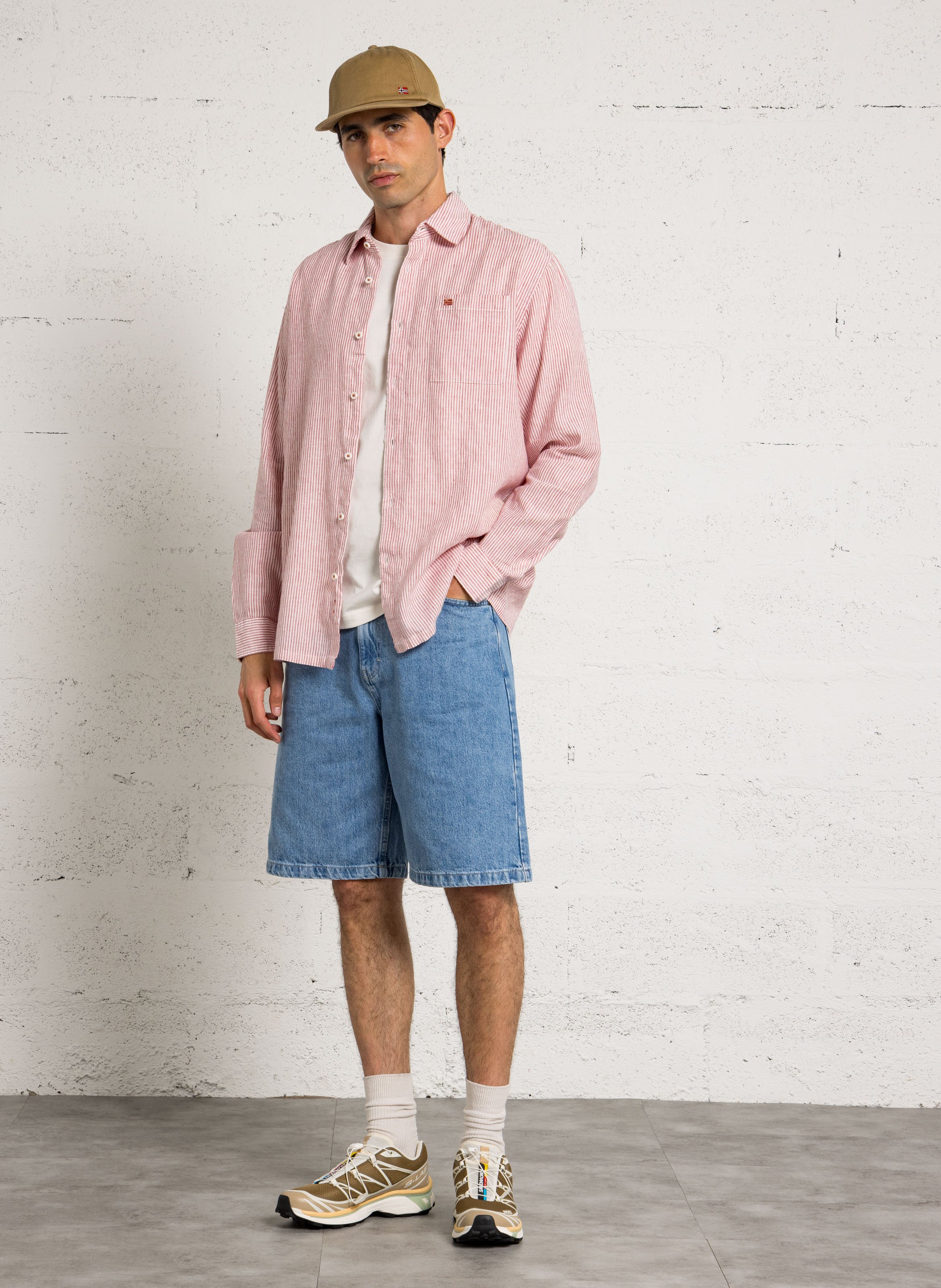 Straight classic collar striped shirt in cotton and linen NAPAPIJRI Pink