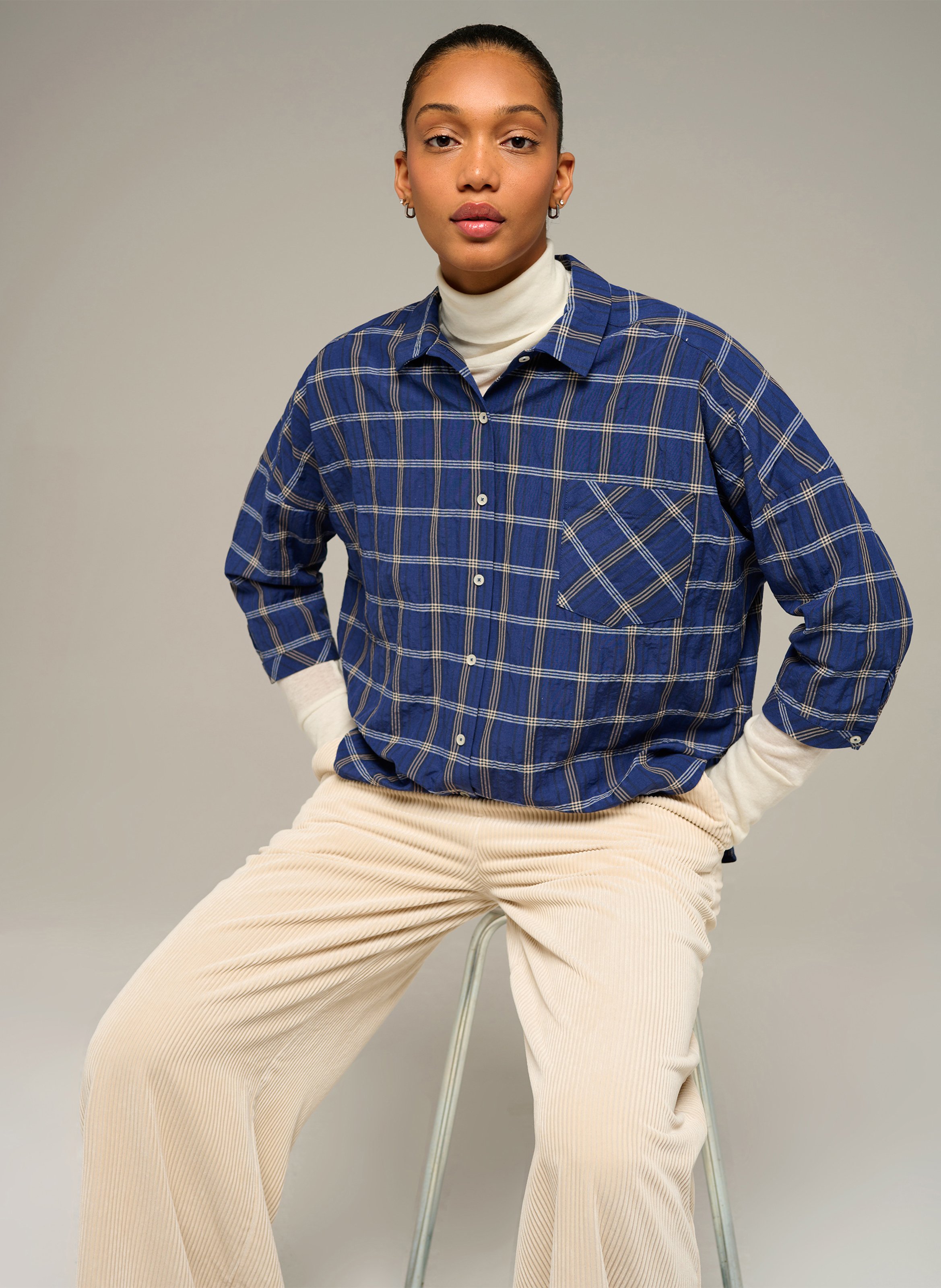 Chemise ample manches 3/4 à carreaux COTELAC ACOTE Bleu