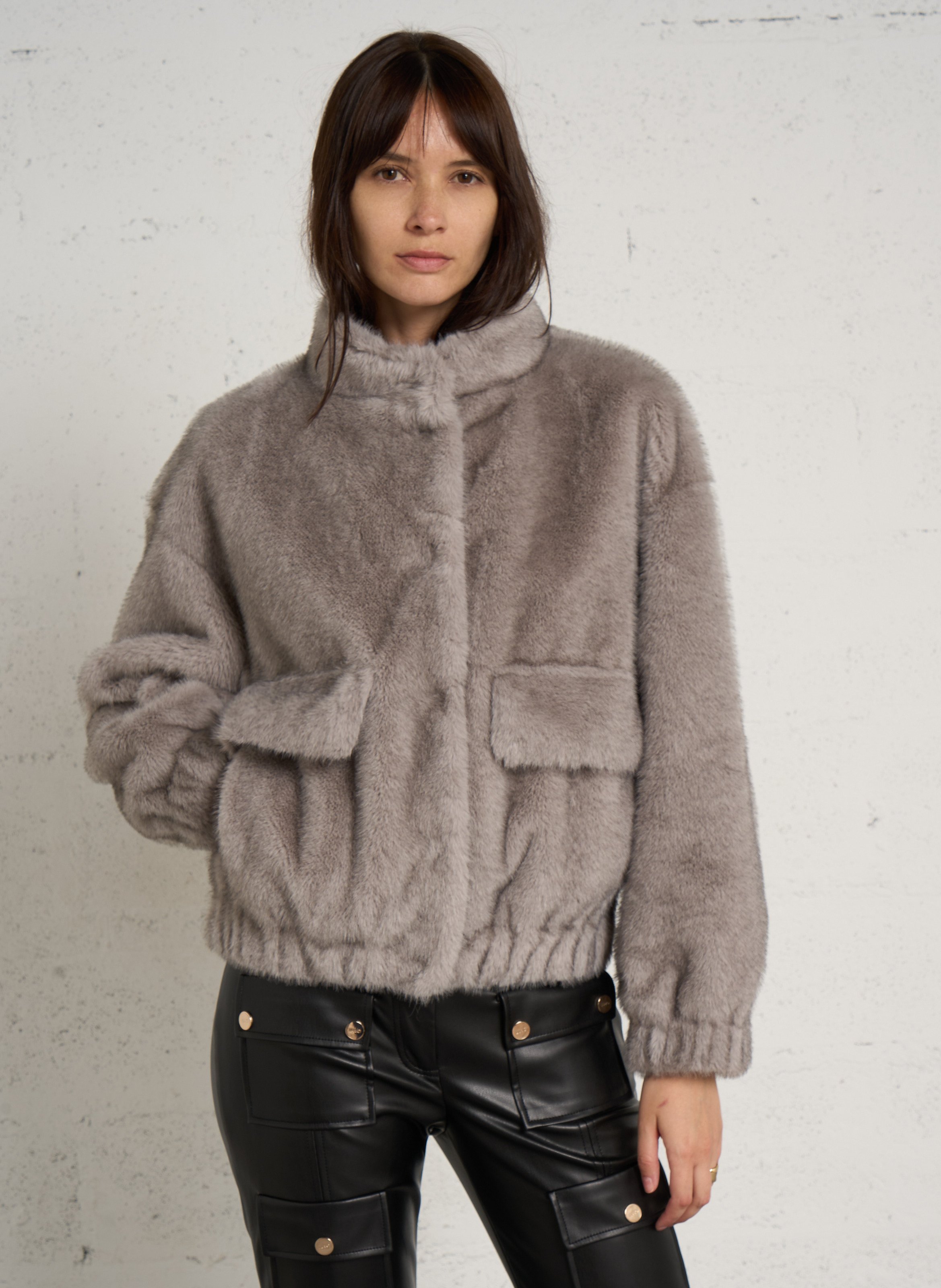Short oversized coat in faux fur LIU JO Silver