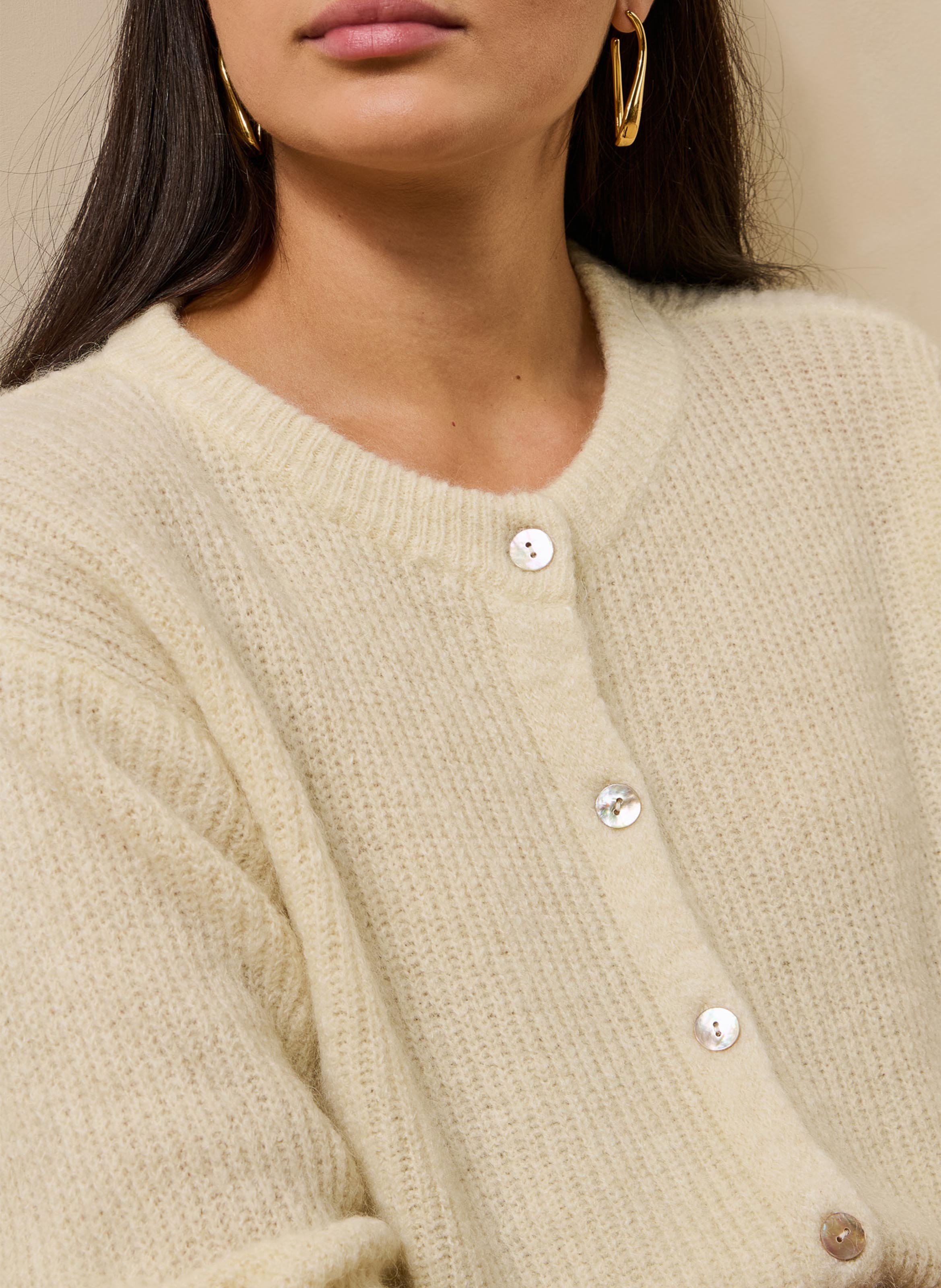 Gilet ample col rond en maille mélangée LA FEE MARABOUTEE Blanc