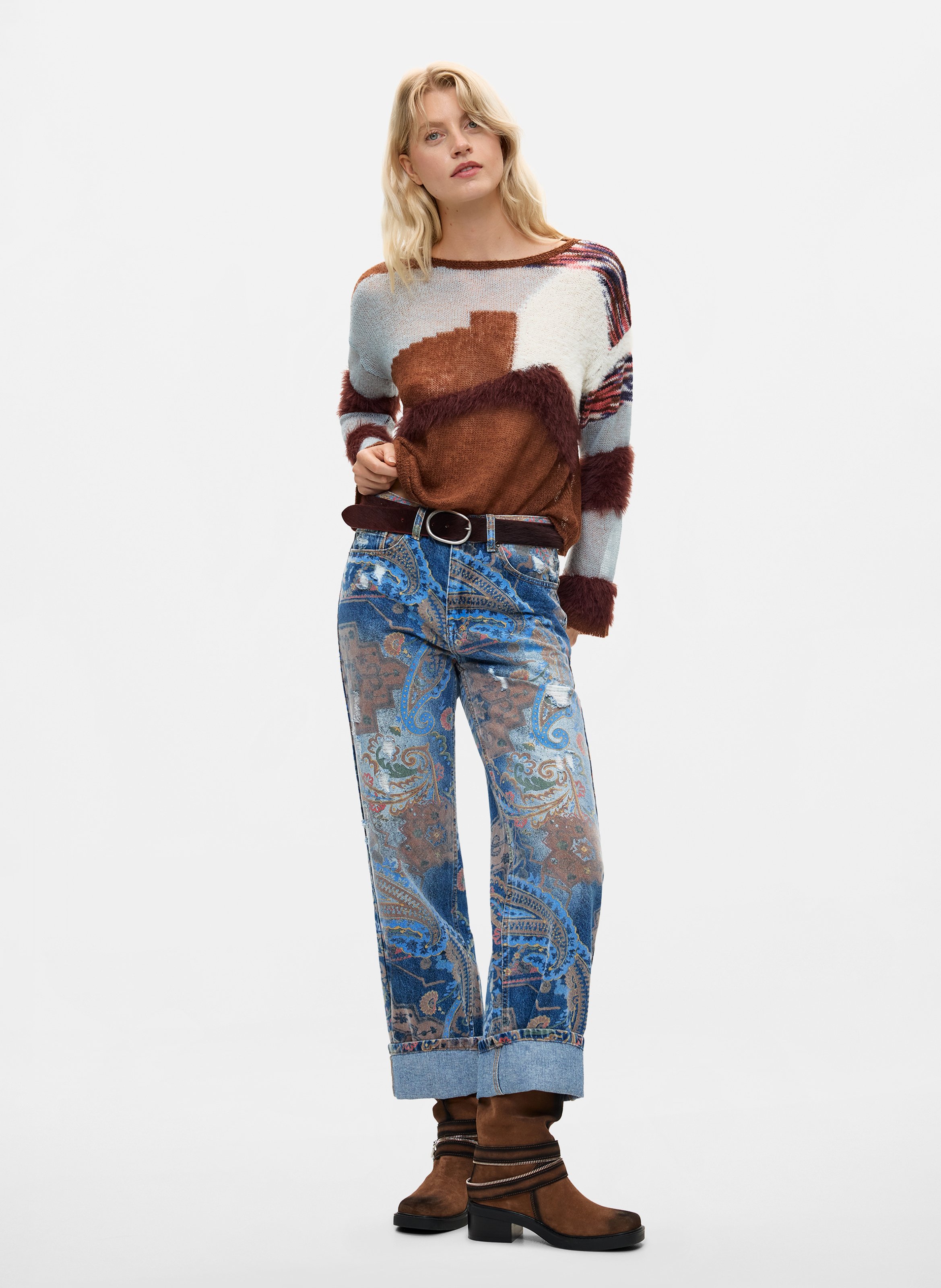 Pull ample imprimé en maille DESIGUAL Marron
