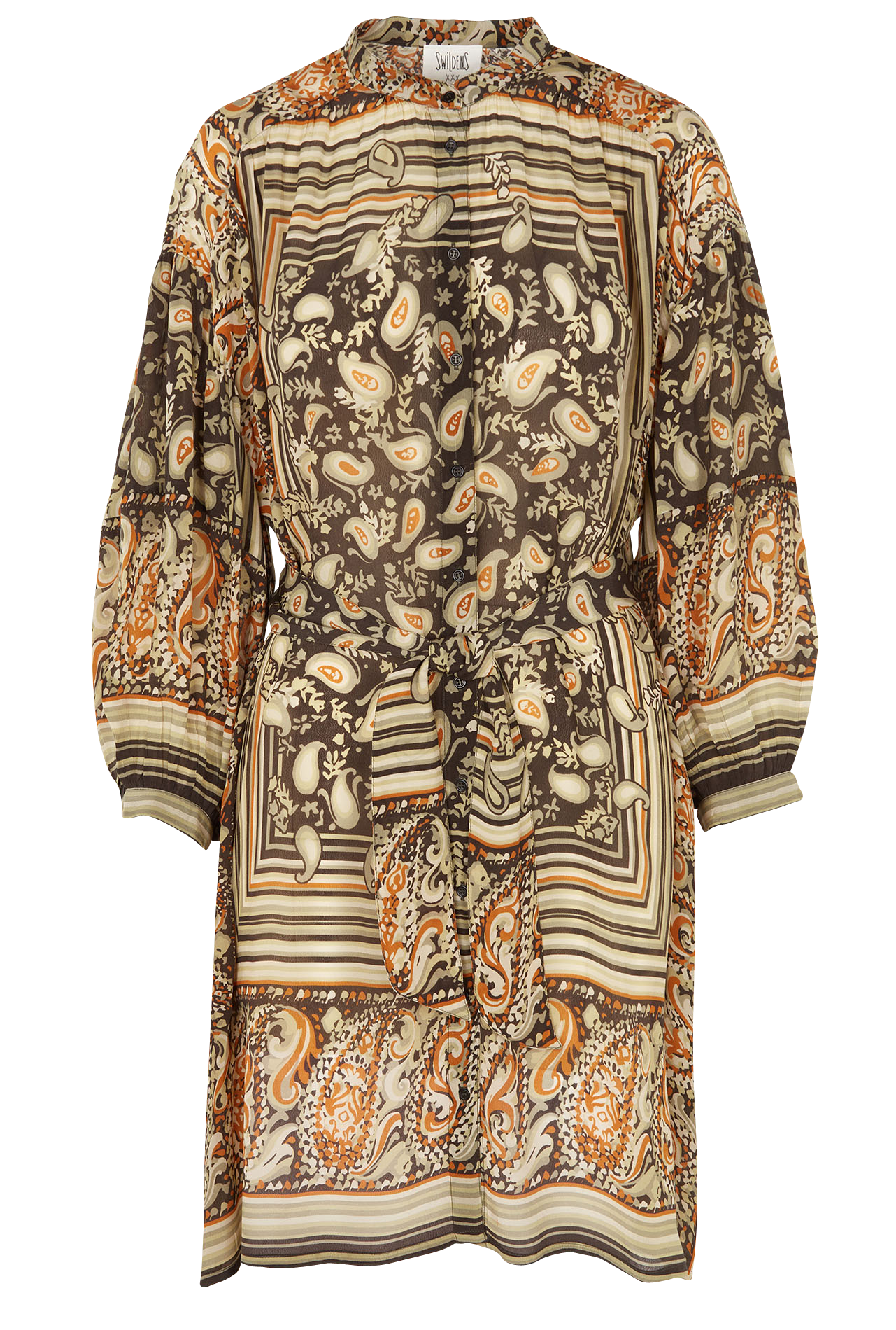 Robe courte col V imprimée en crêpe avec ceinture SWILDENS Kaki