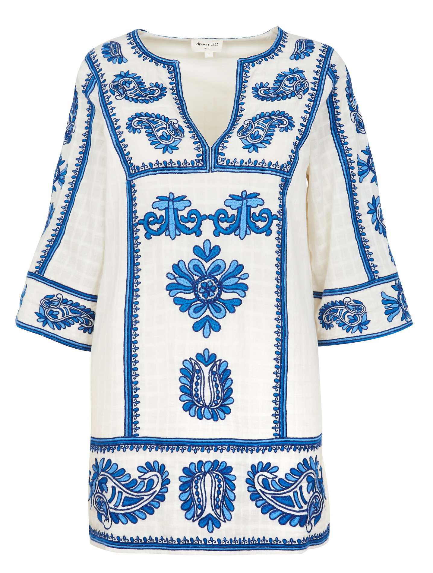 Robe courte col V en coton Bleu