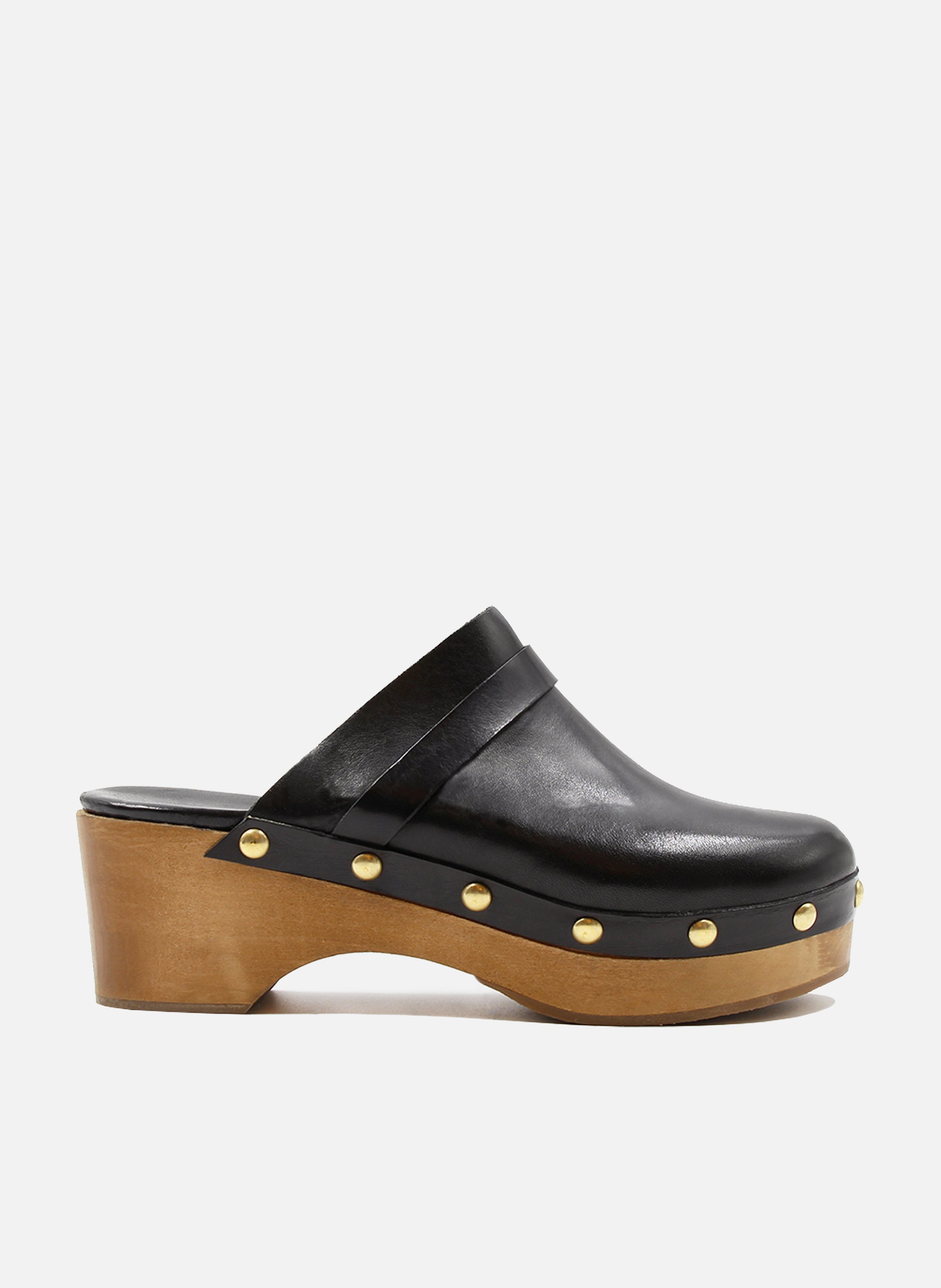 Wooden heel leather clogs studs JULES & JENN Black