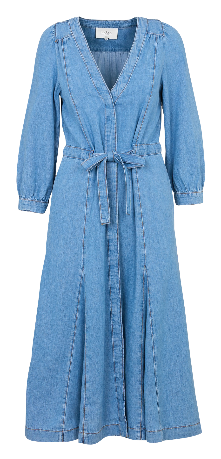 Robe longue col v ceinturée en denim BA&SH Bleu