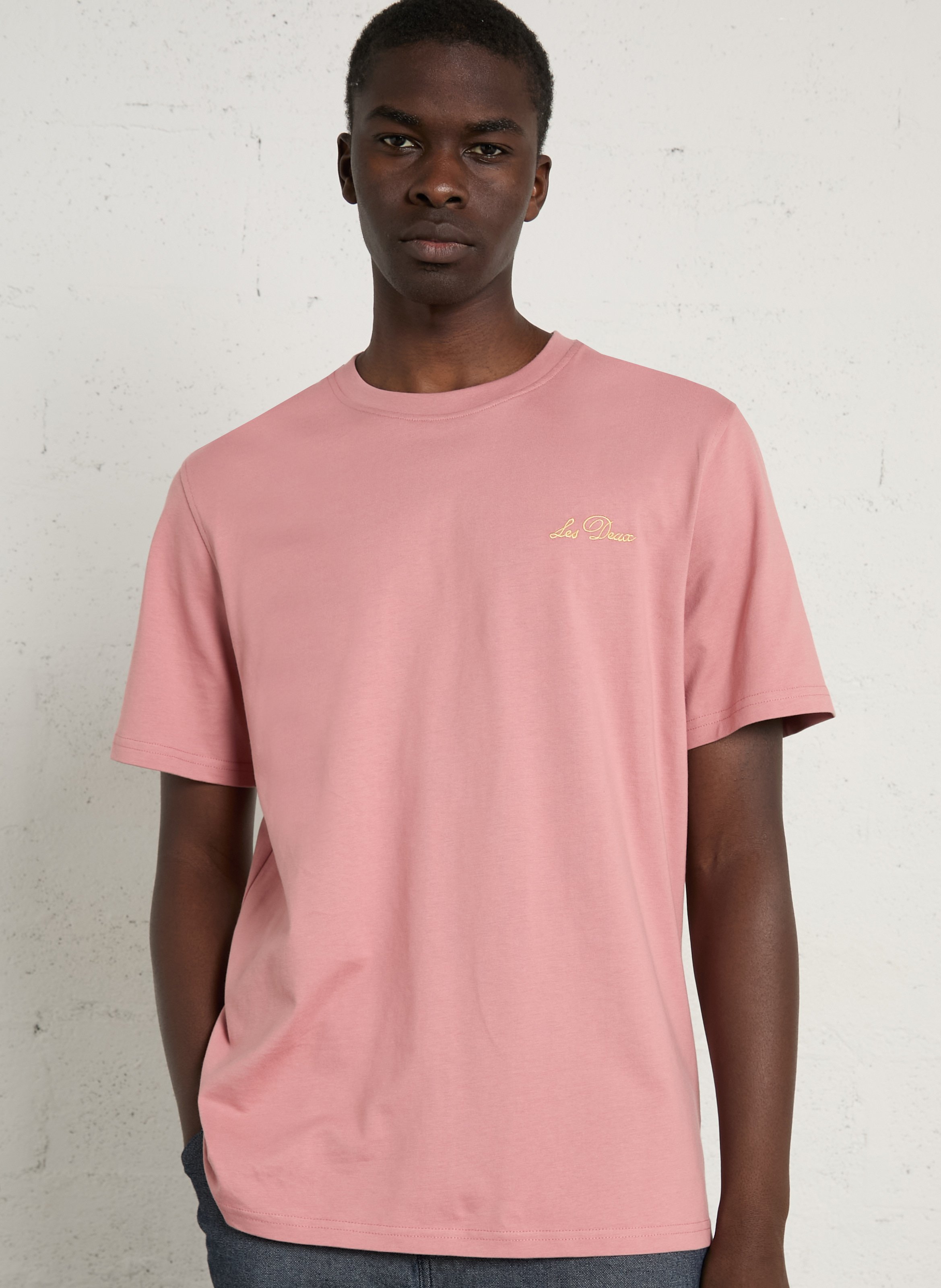 Straight round neck embroidered organic cotton t-shirt LES DEUX Pink