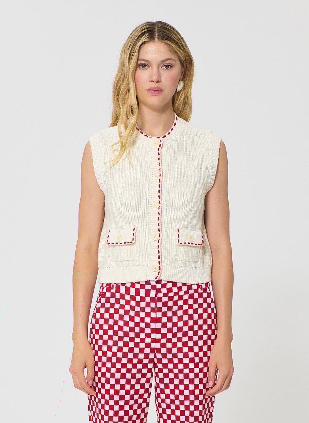 Gilet droit col rond en coton TARA JARMON Beige