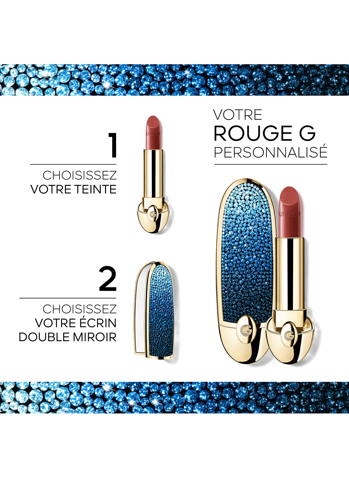 Rouge G - L’Heure BleueL’écrin bijou double miroir - Édition LimitéeLe rouge à lèvres soin personnalisable | Bleu iconique GUERLAIN Beauté