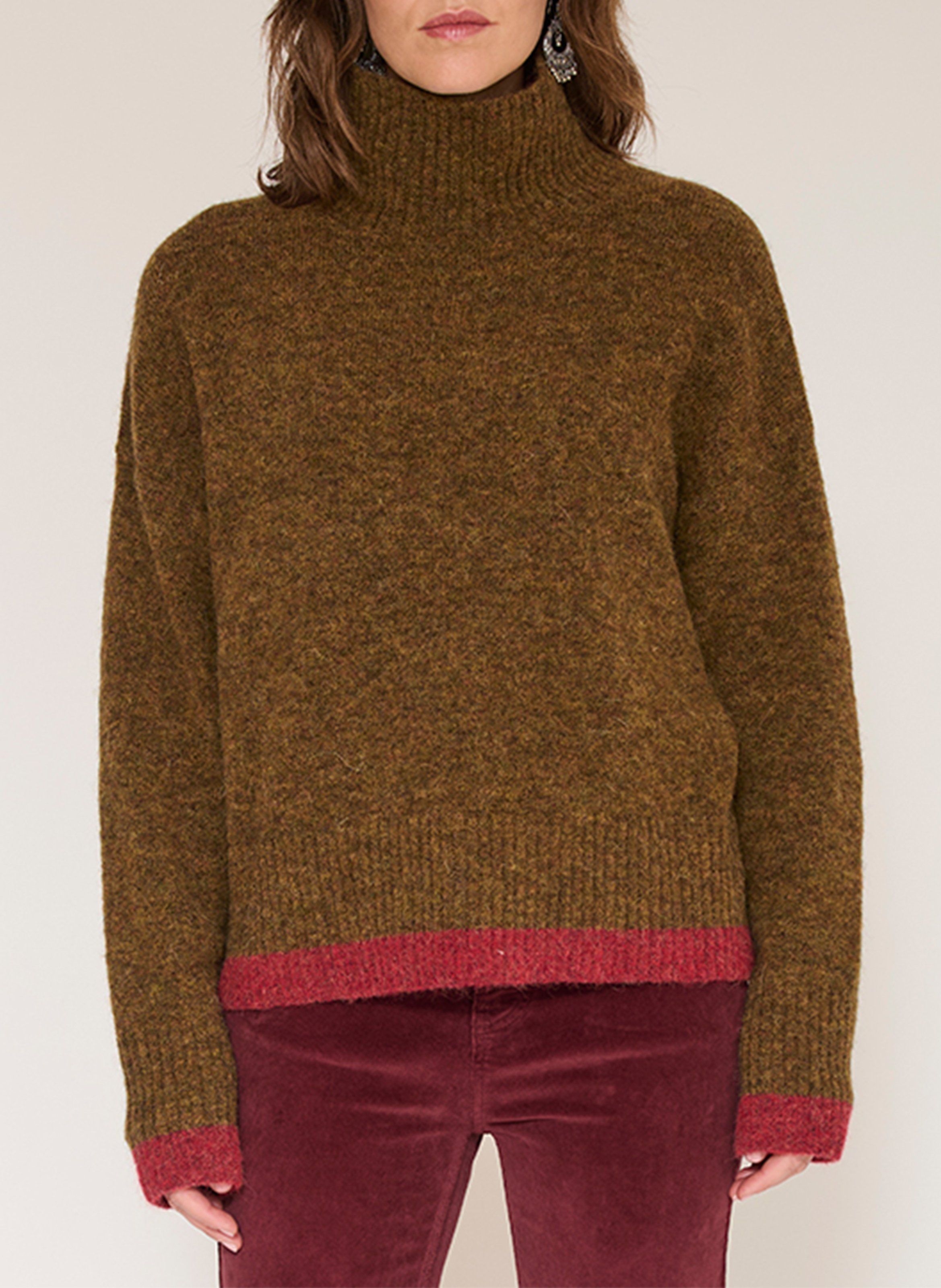 Weiter Wollmix-Pullover mit Stehkragen MKT Khaki
