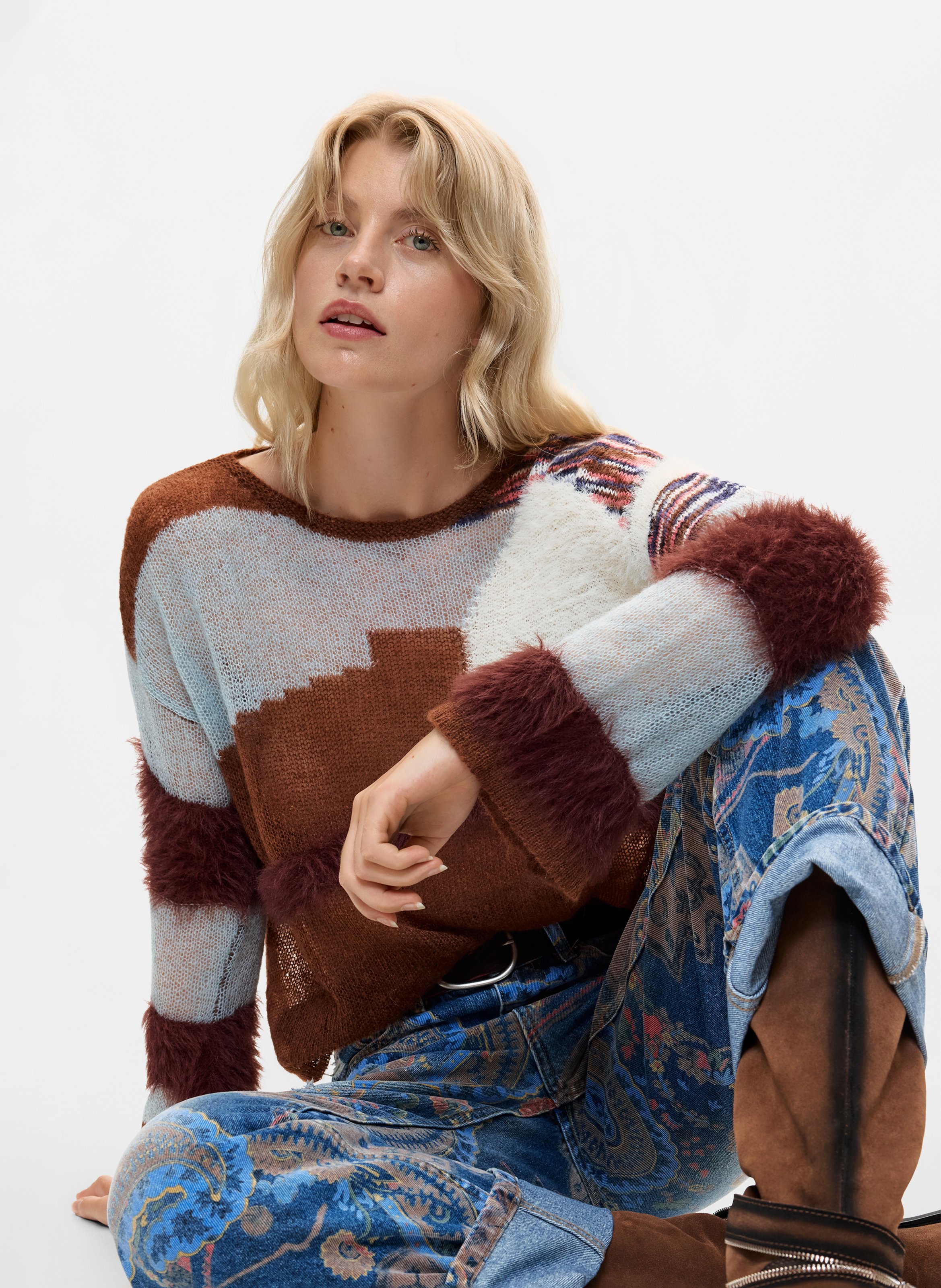 Pull ample imprimé en maille DESIGUAL Marron