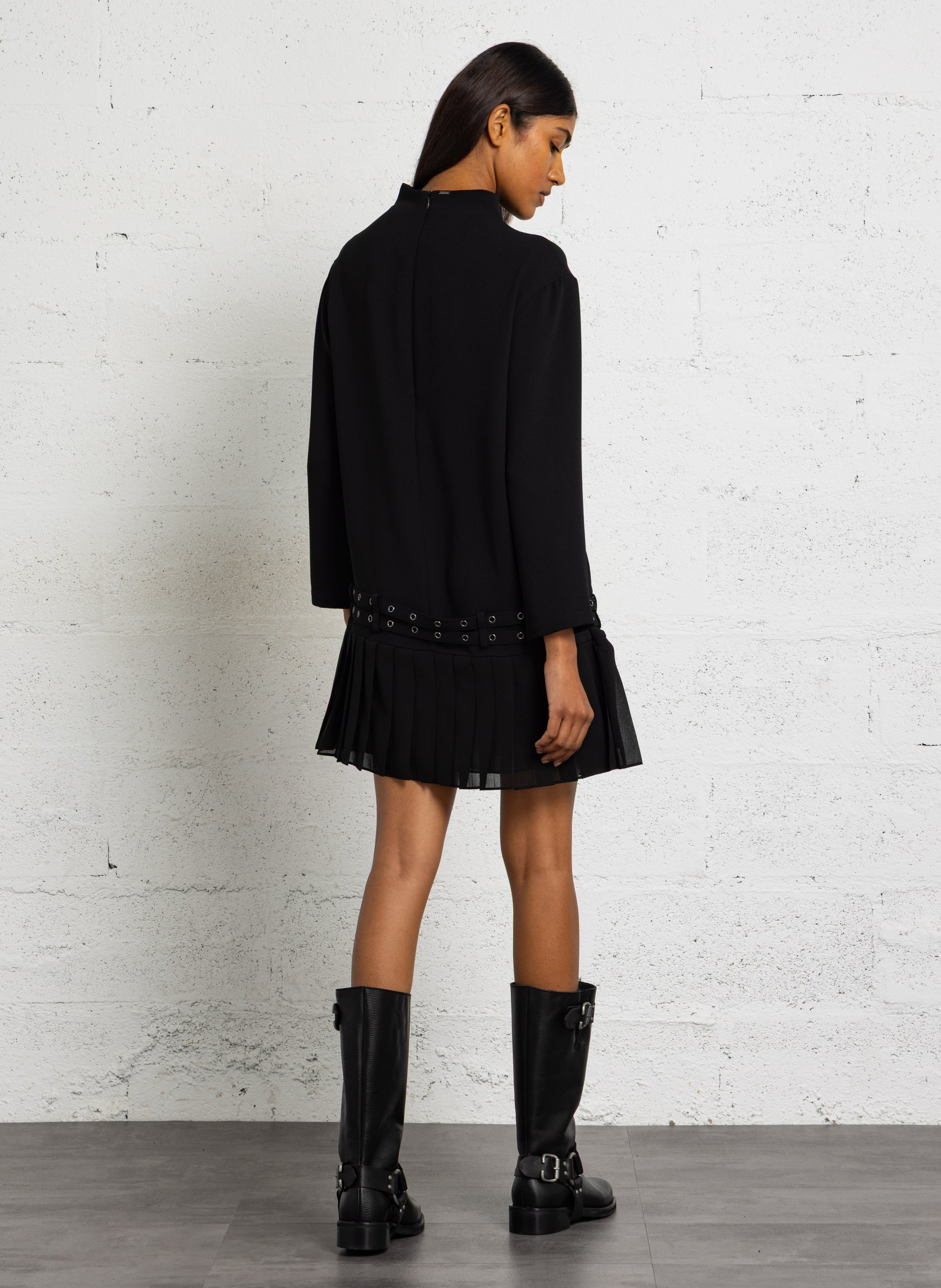 Pleated high-neck short dress IKKS Black