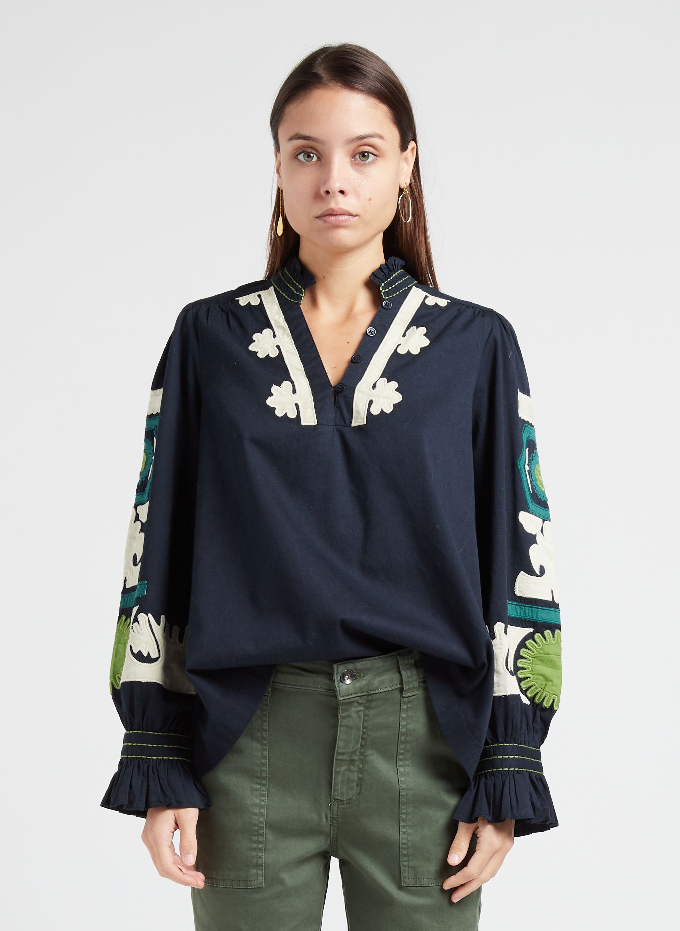 Blue Embroidered round neck blouse