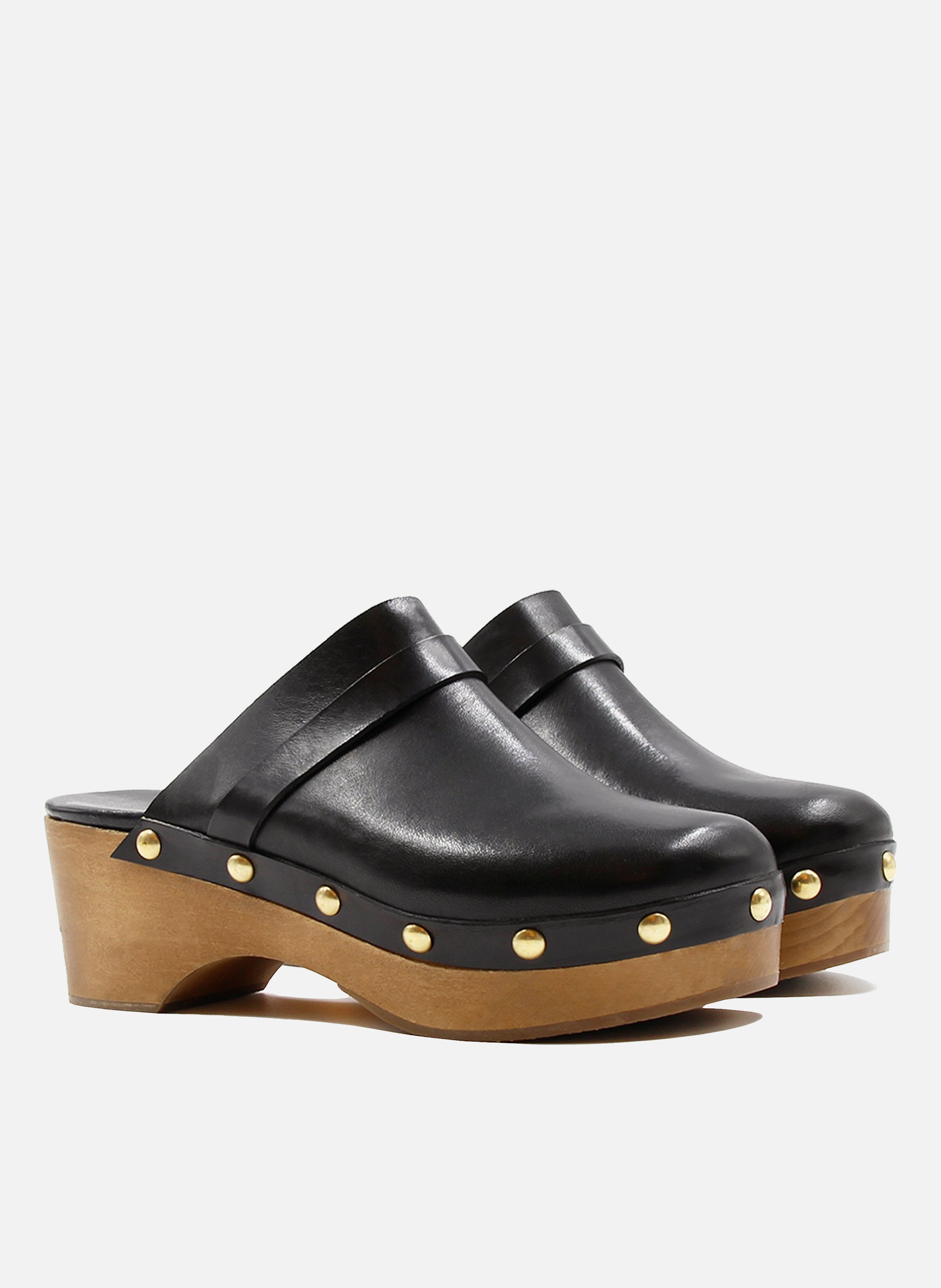 Wooden heel leather clogs studs JULES & JENN Black