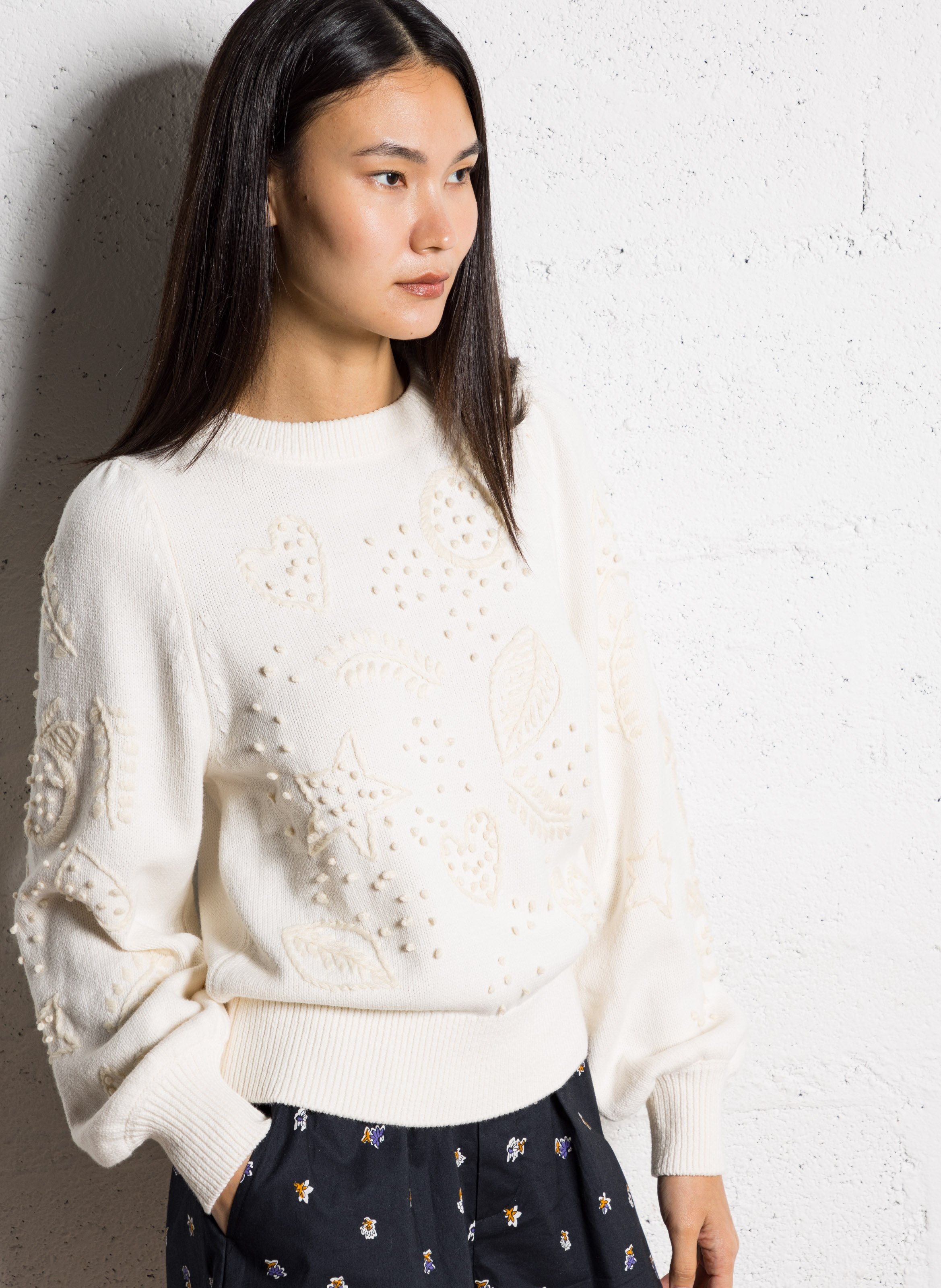 Trui met ronde hals en borduursel FABIENNE CHAPOT Wit