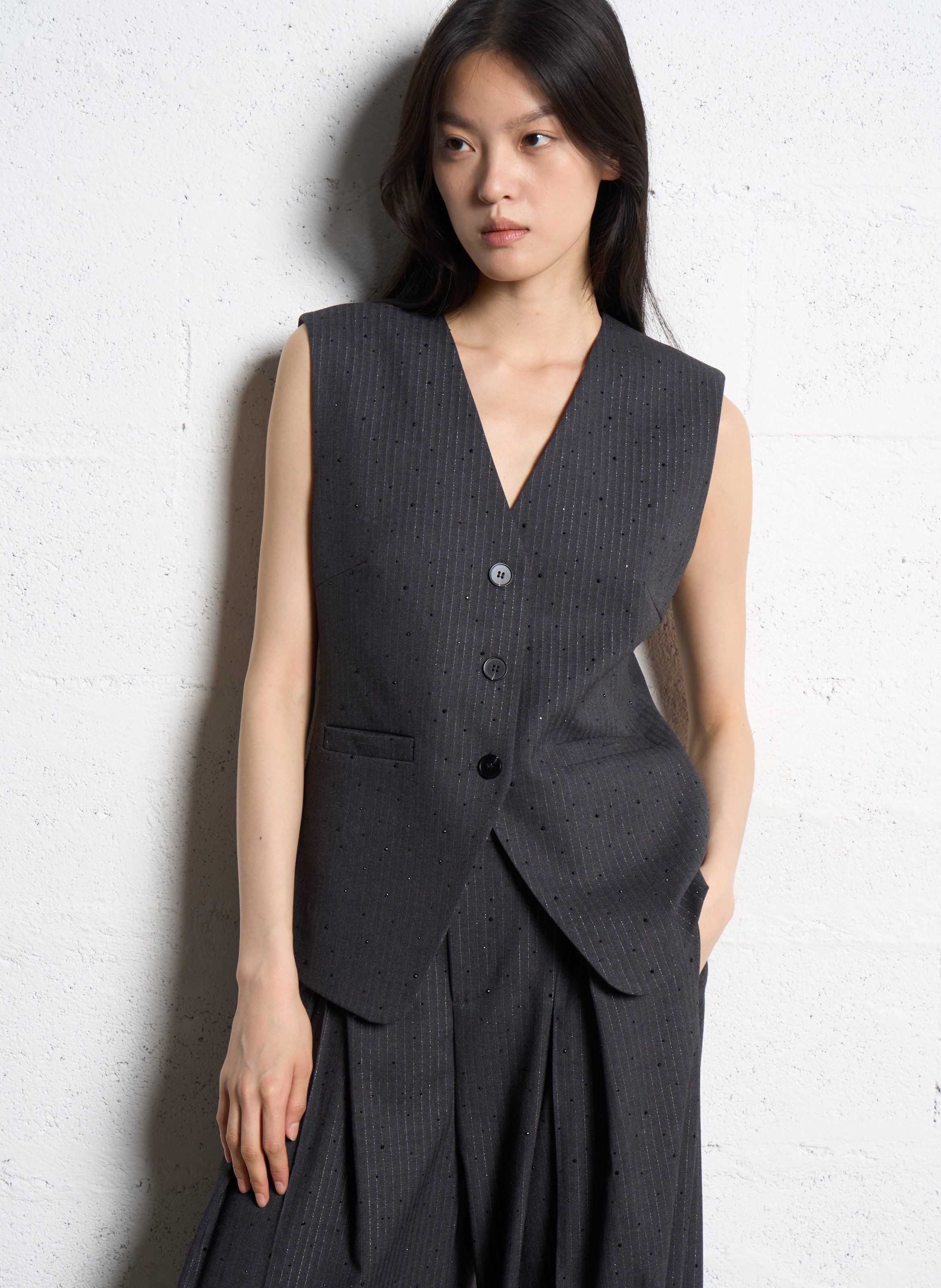 Gilet de costume rayé à strass SUNCOO Gris