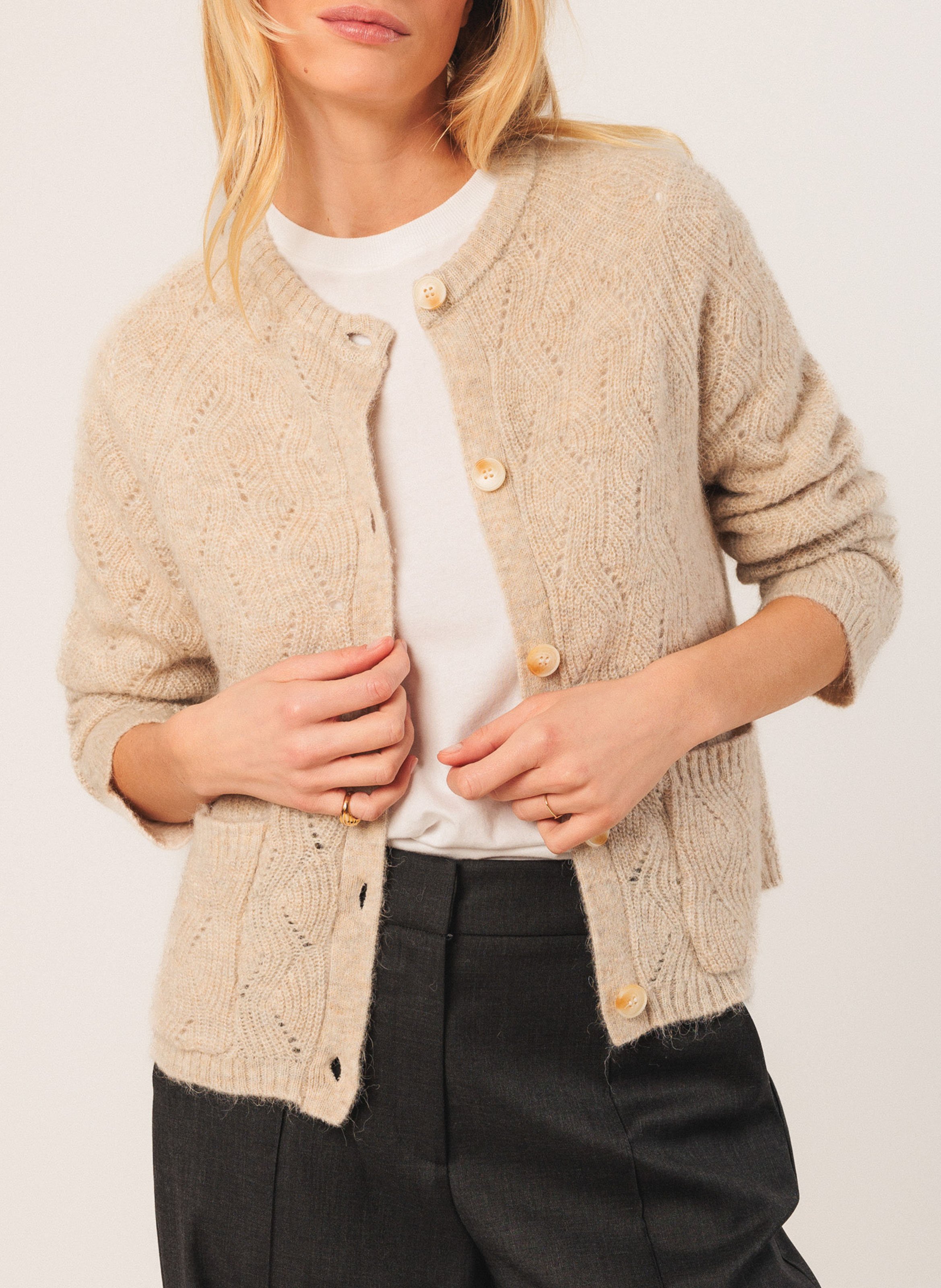 Round-neck mixed-knit cardigan INDI & COLD Beige