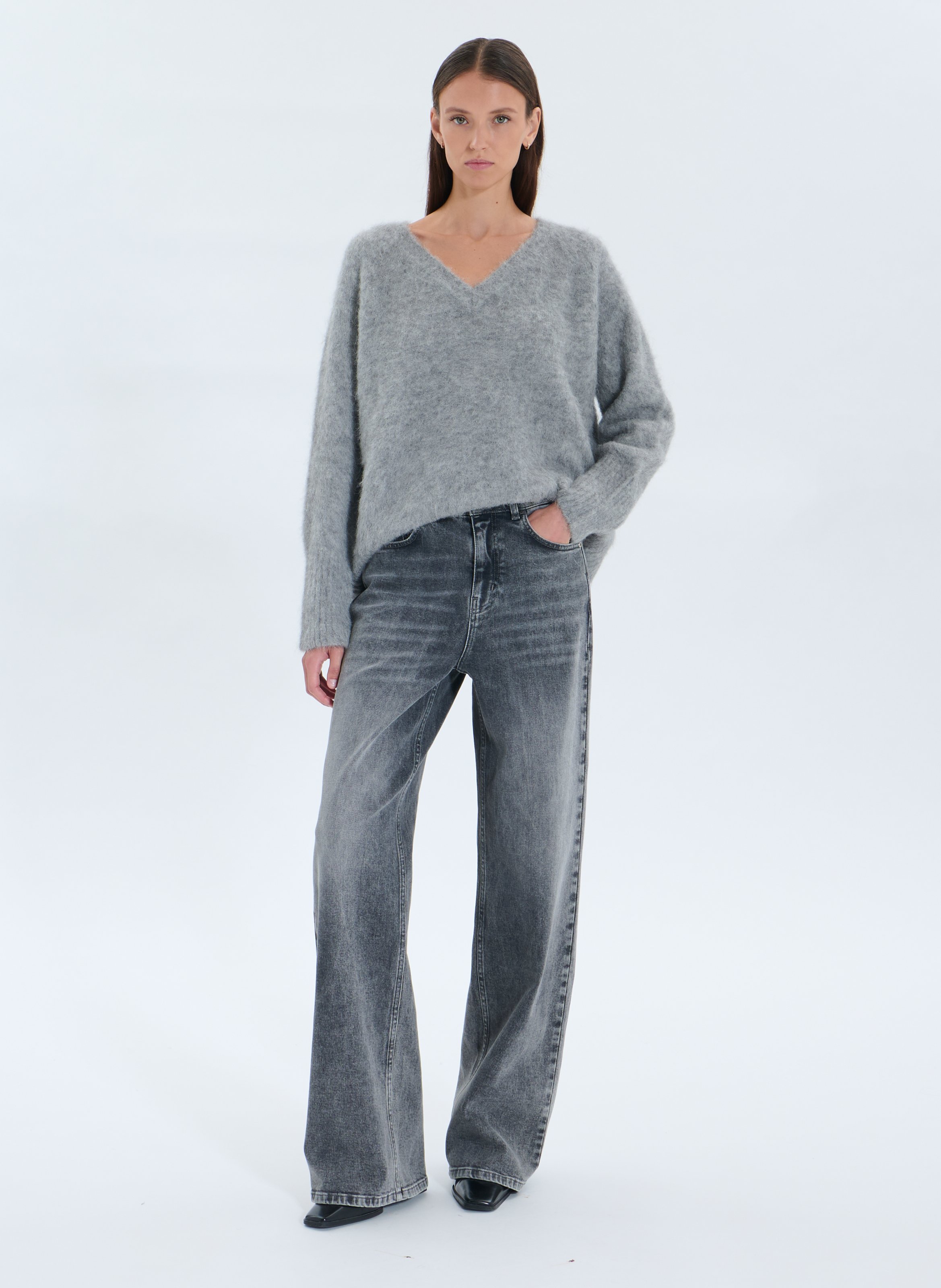 Pull oversize col V en laine mélangée ZAPA Gris