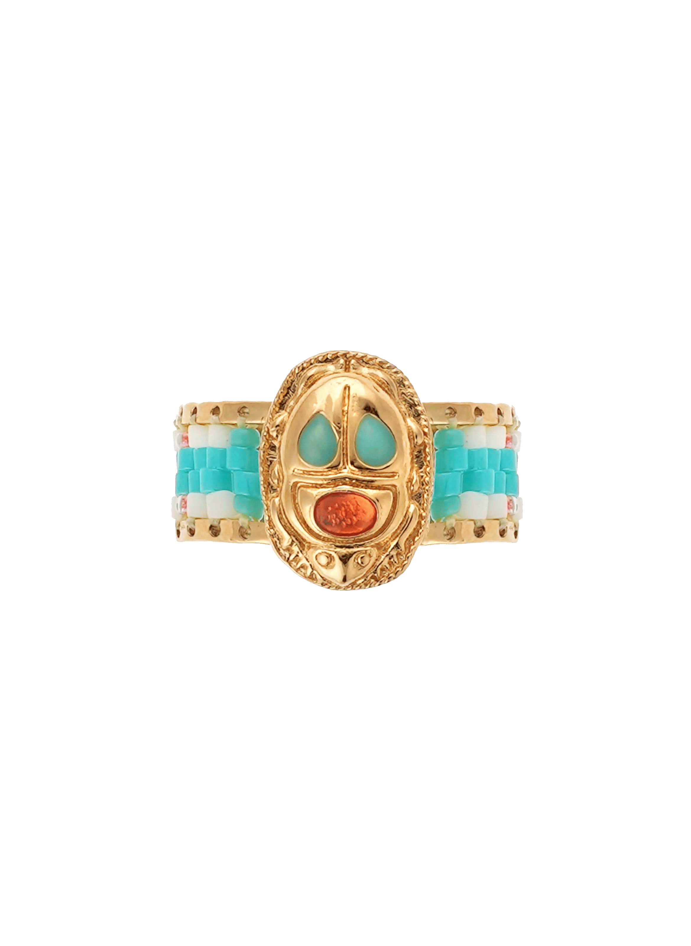 Adjustable ring with woven beads and central cabochon HIPANEMA Blue