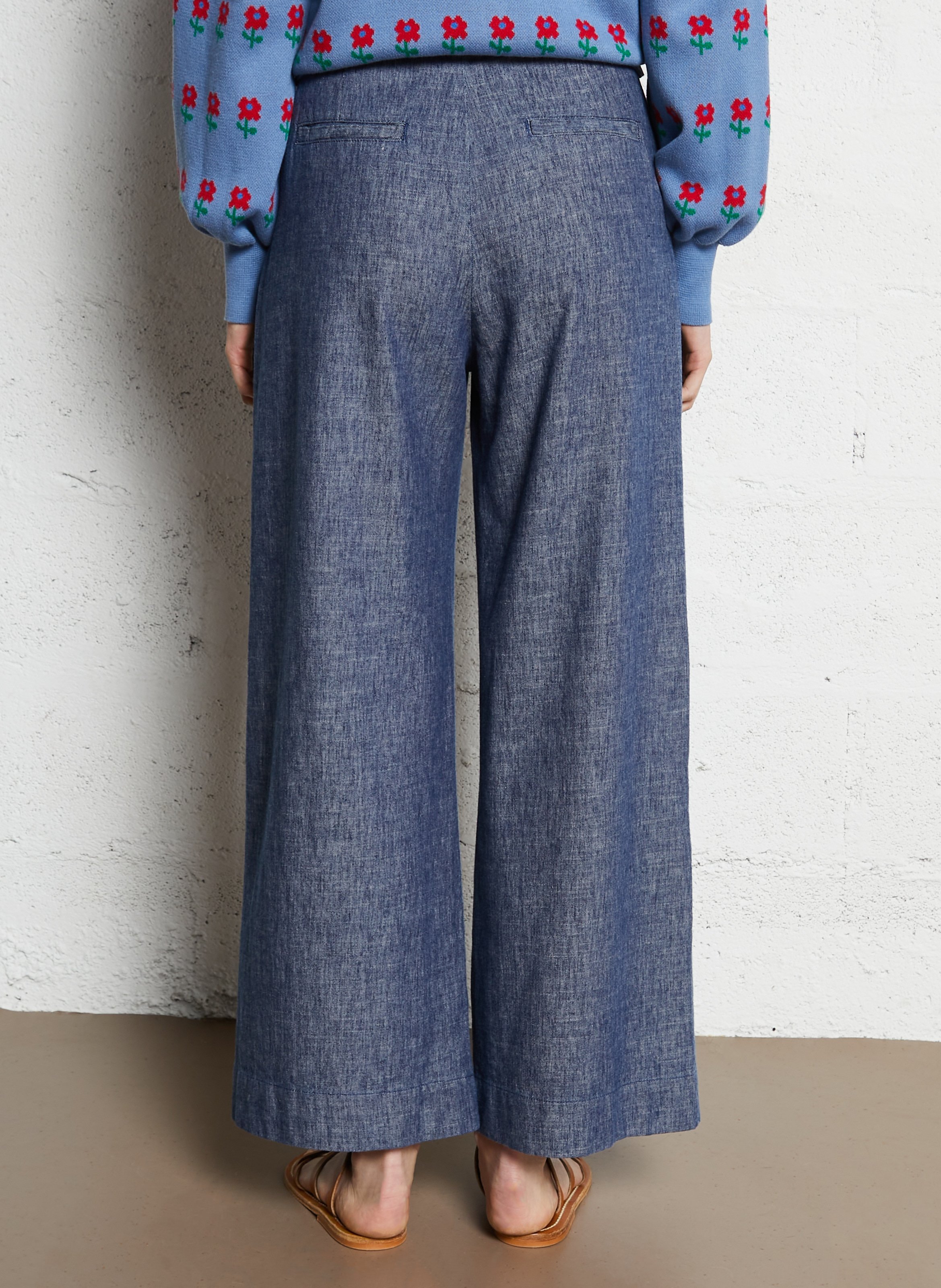 Pantalon large en coton mélangé Bleu