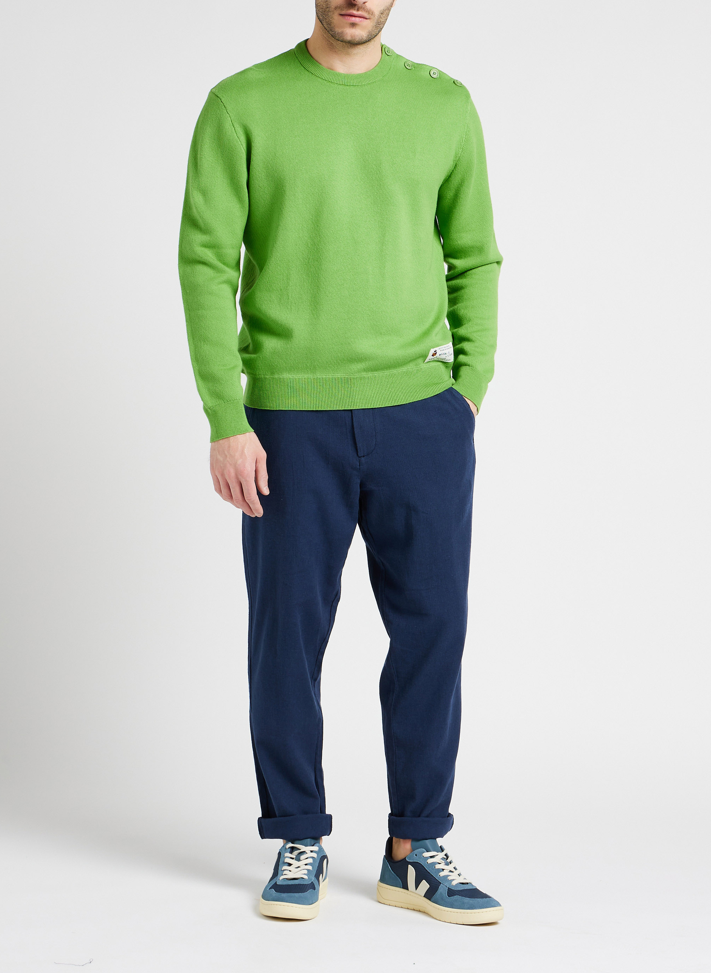 Pantalon droit en coton bio et lin stretch SELECTED Bleu