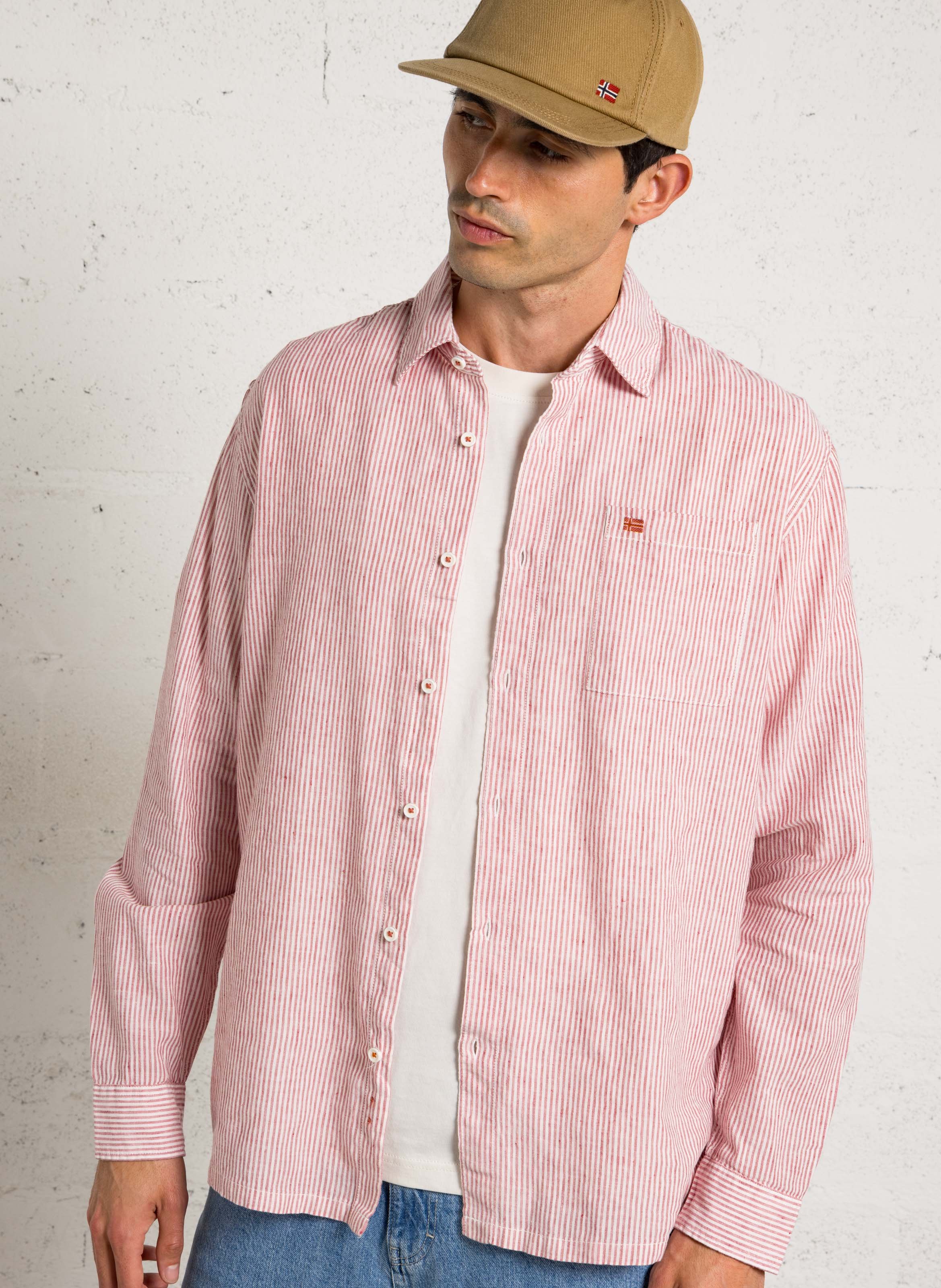 Straight classic collar striped shirt in cotton and linen NAPAPIJRI Pink