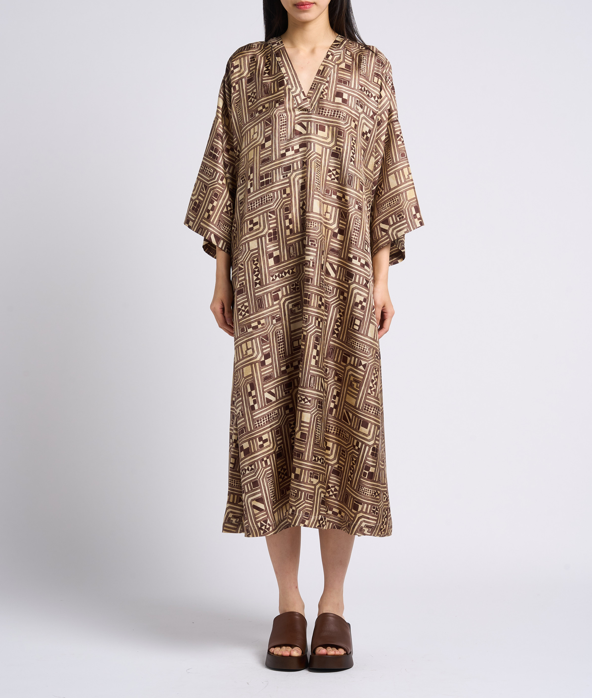 Printed silk V-neck midi dress MOMONI Beige