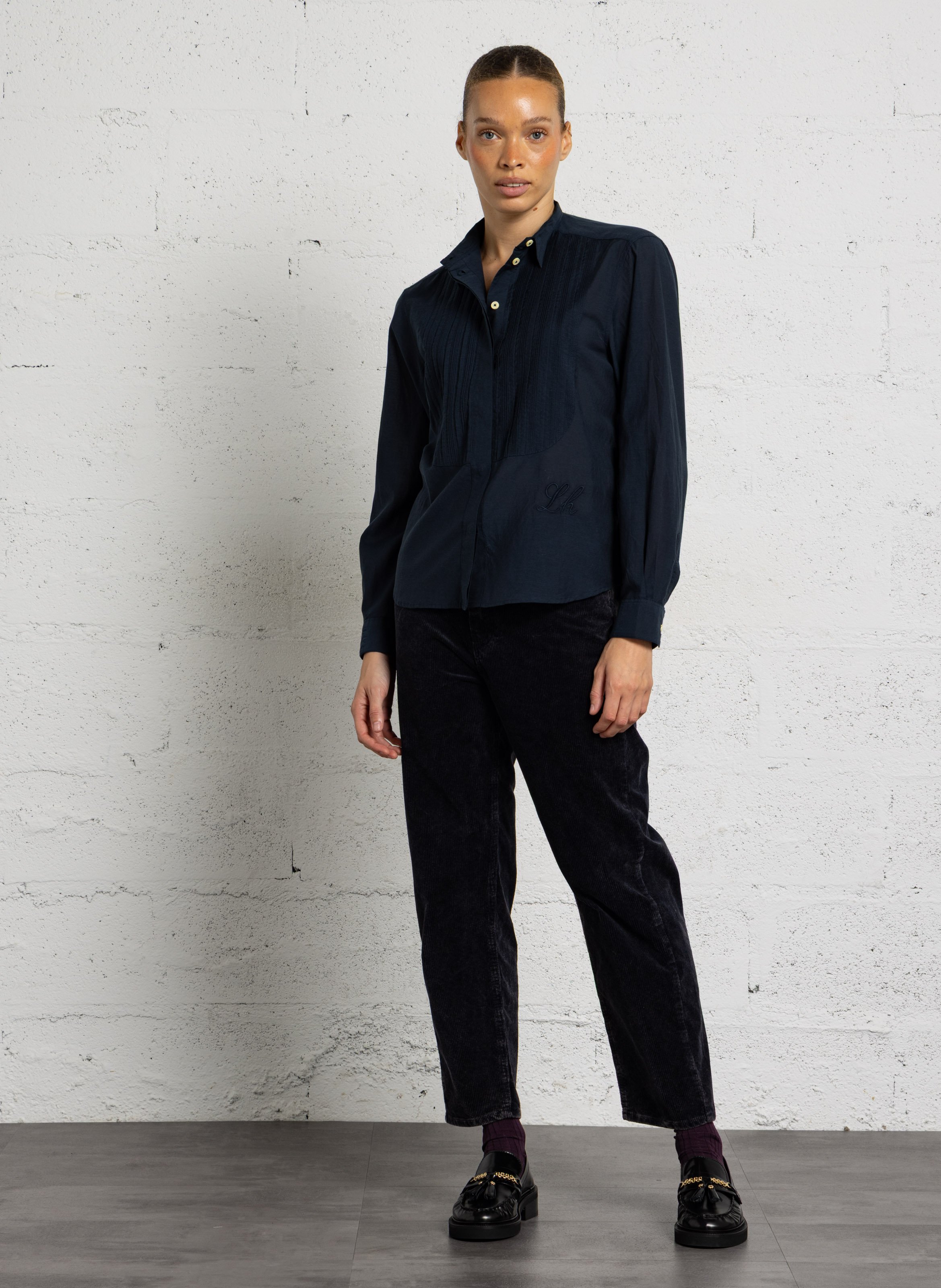 Blouse met plooien in effen katoenmix LEON & HARPER Zwart