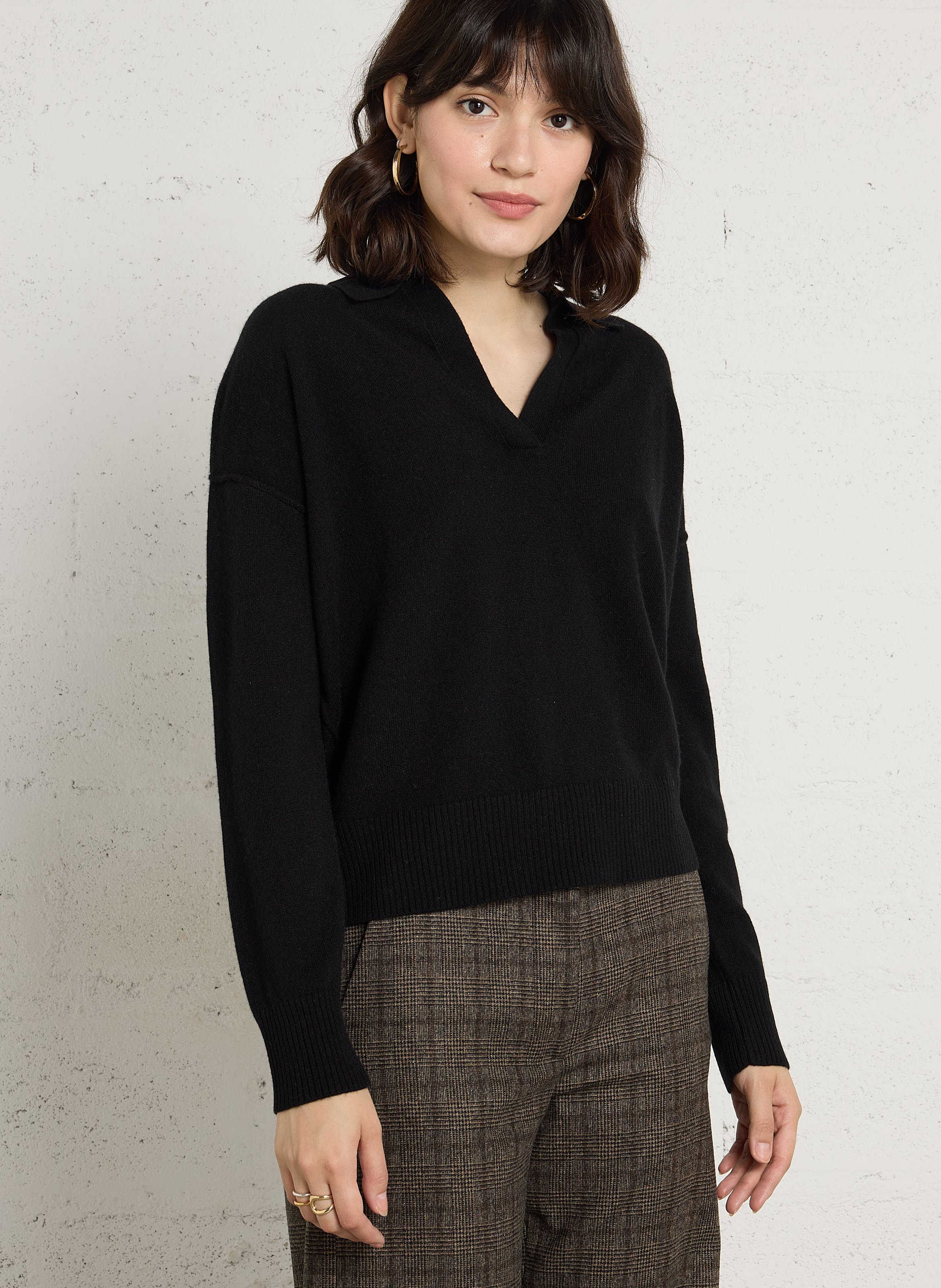 Pull col rond droit en laine et cachemire HARTFORD Noir