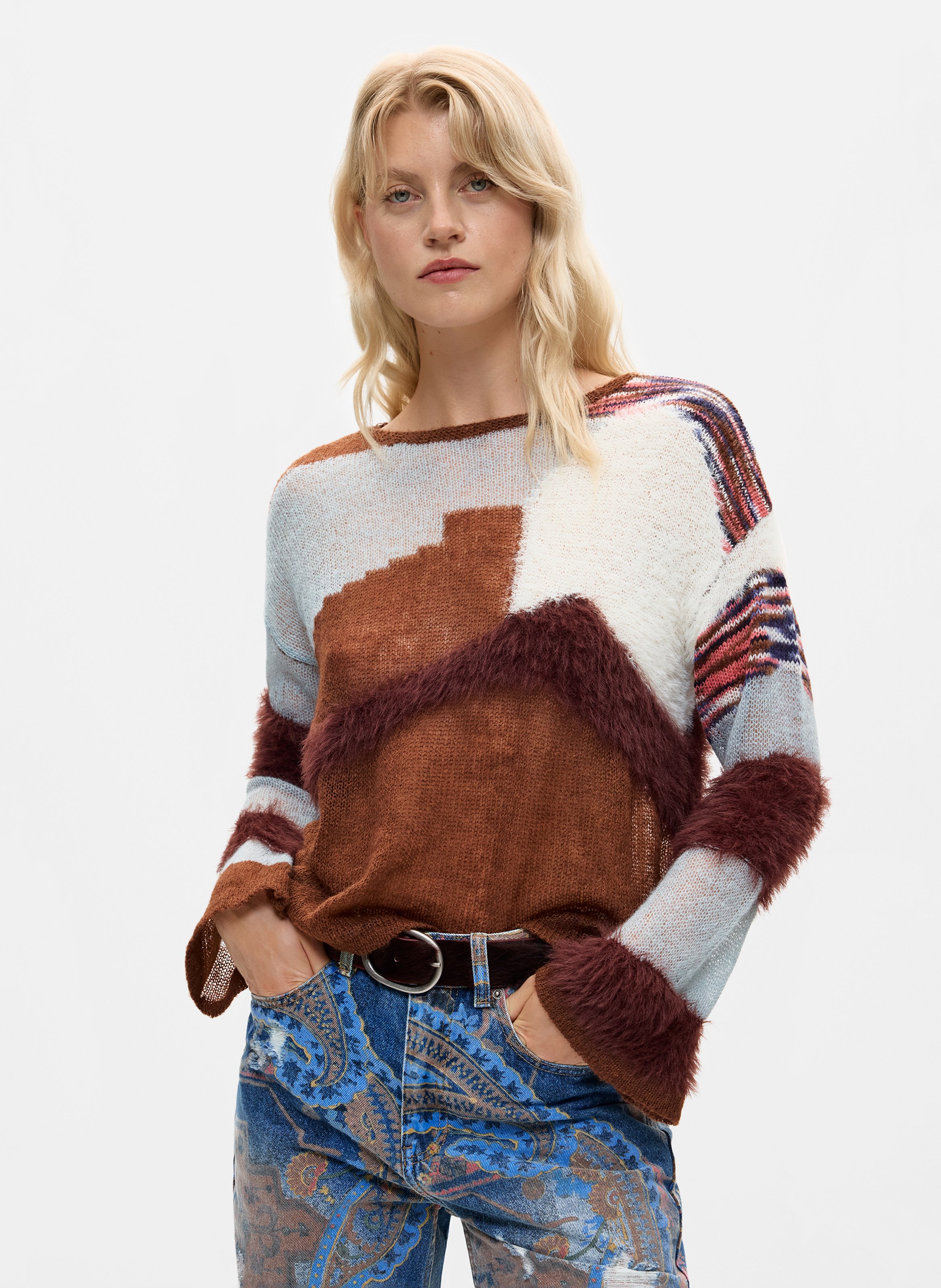 Pull ample imprimé en maille DESIGUAL Marron