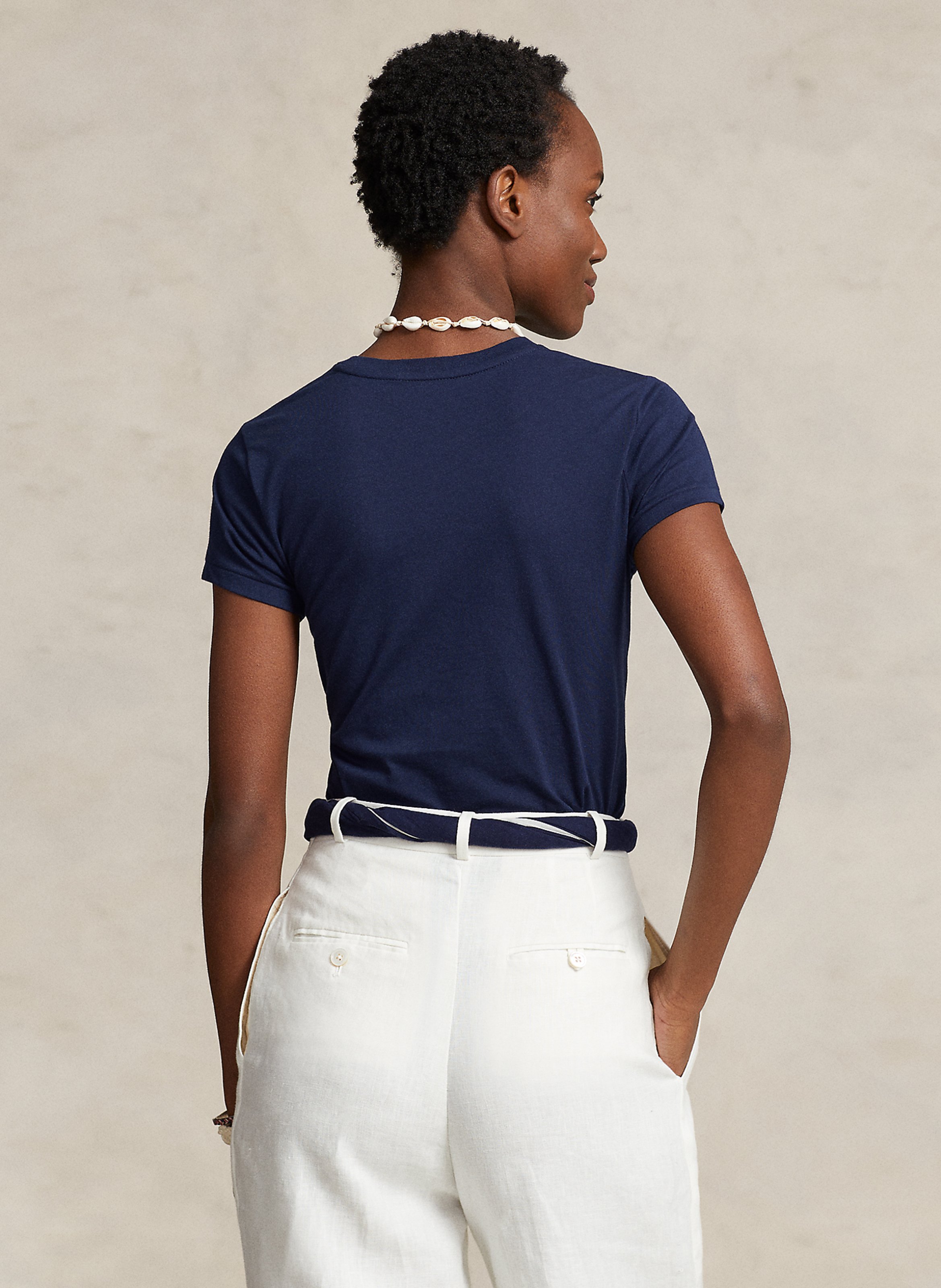 Tee-shirt col rond brodé en coton POLO RALPH LAUREN Bleu