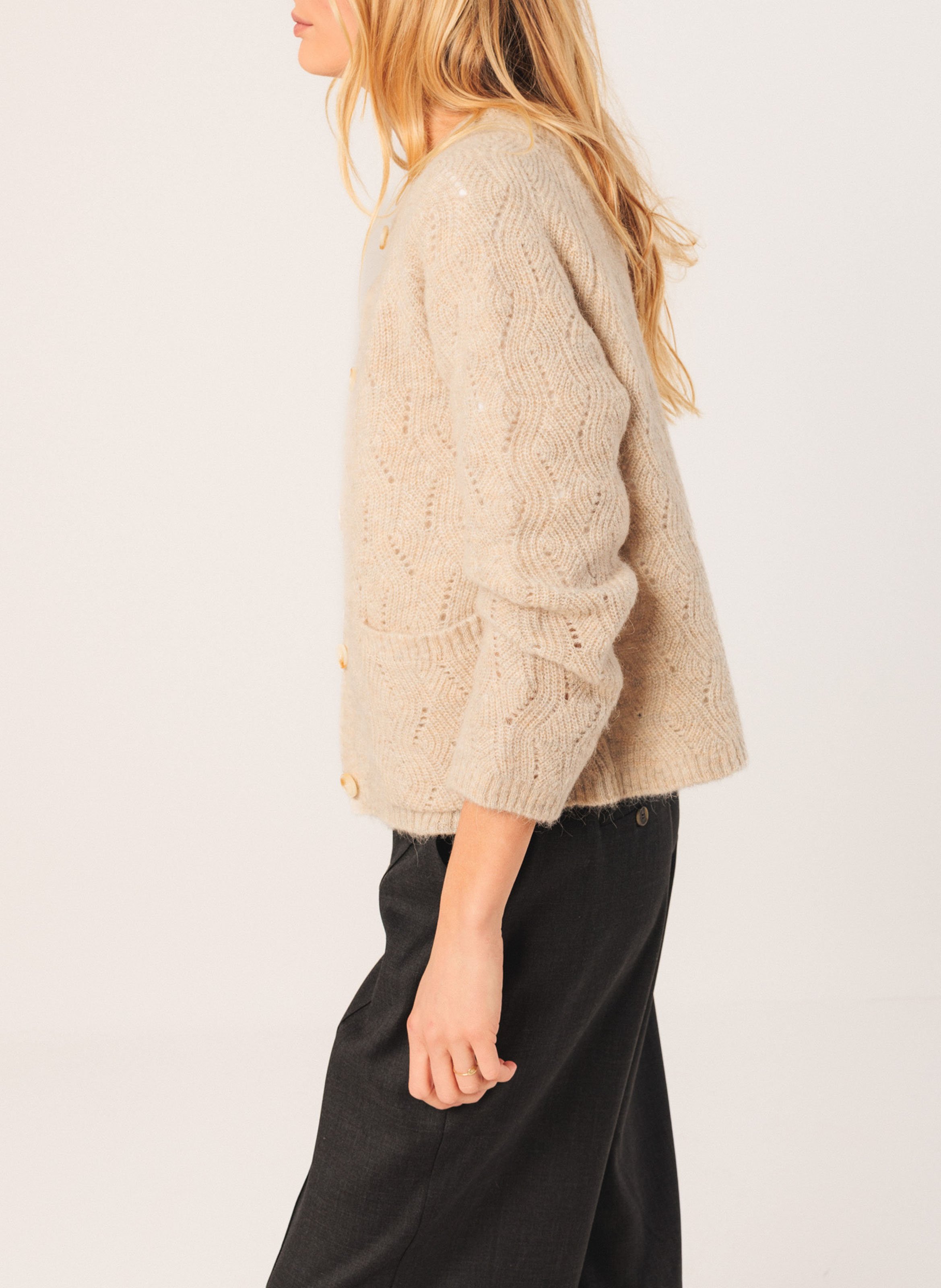 Round-neck mixed-knit cardigan INDI & COLD Beige