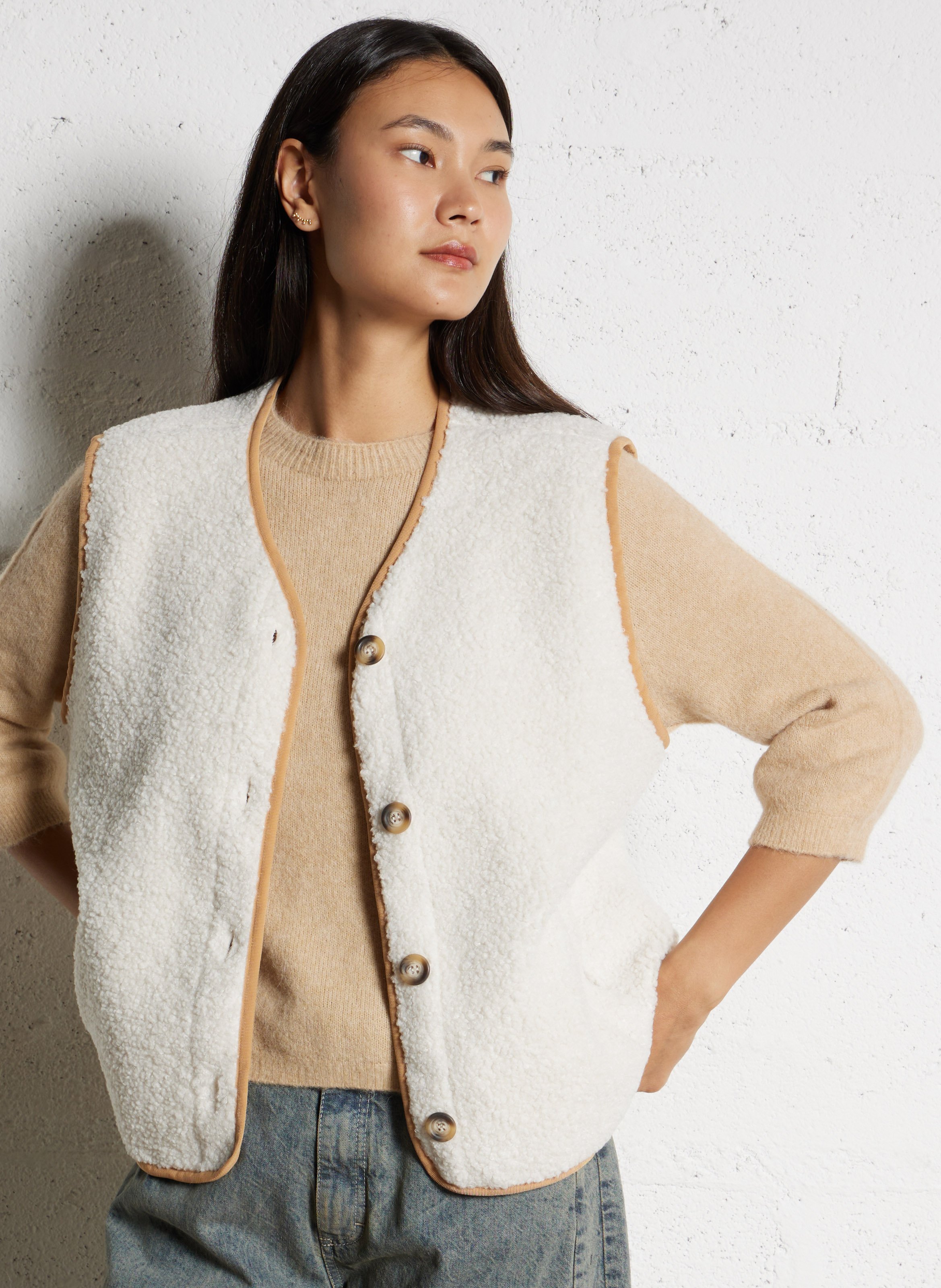 Veste col V en sherpa PLEASE Beige