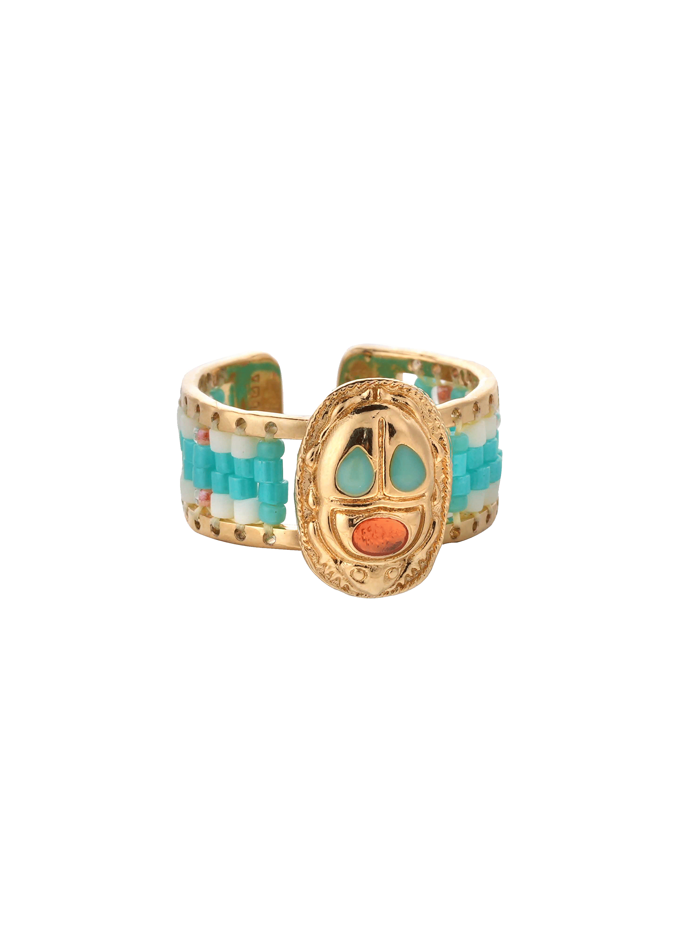 Adjustable ring with woven beads and central cabochon HIPANEMA Blue