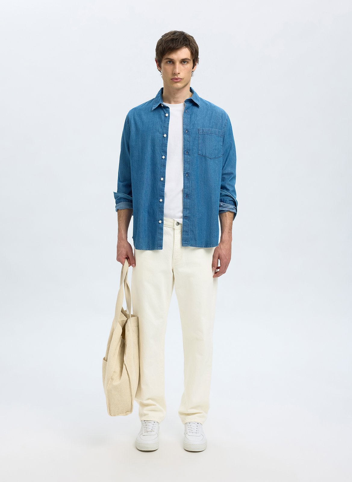 Straight organic cotton-blend jeans SELECTED White
